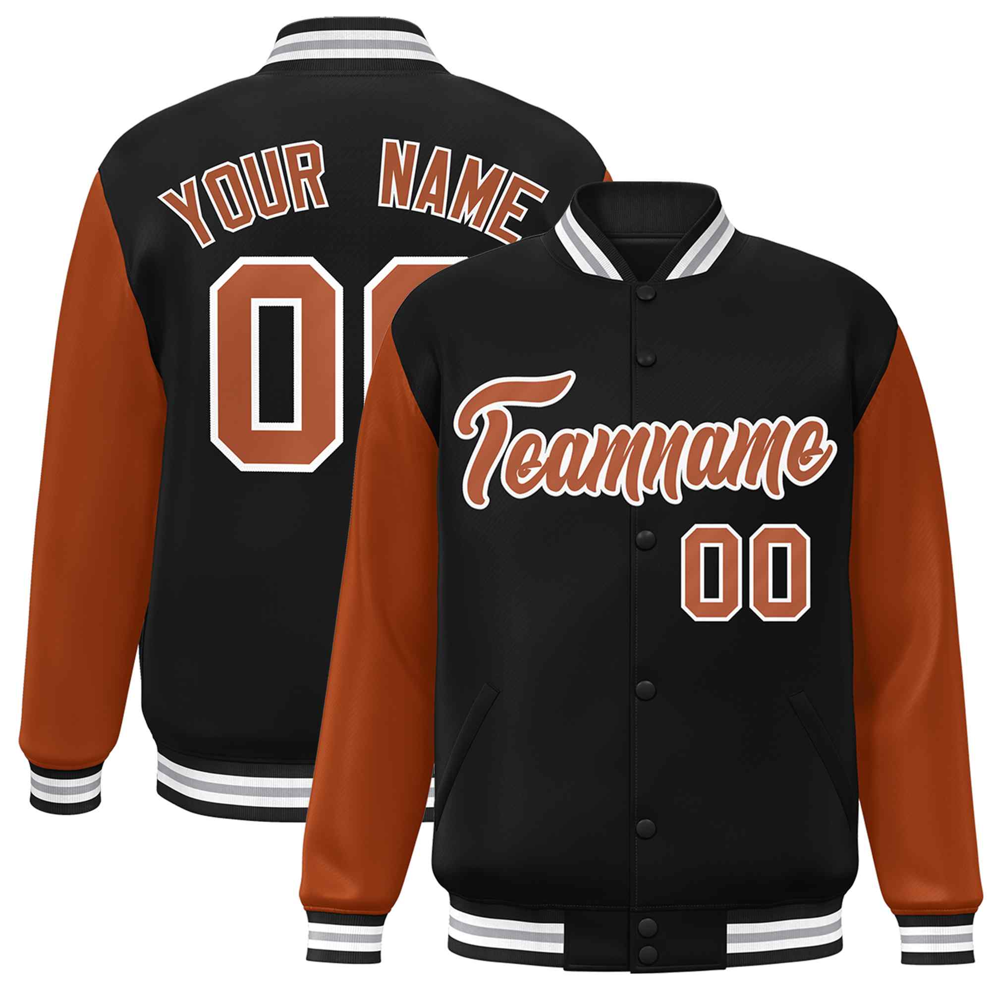 Custom Black Texas Orange-White Raglan Sleeves Varsity Full-Snap Letterman Jacket