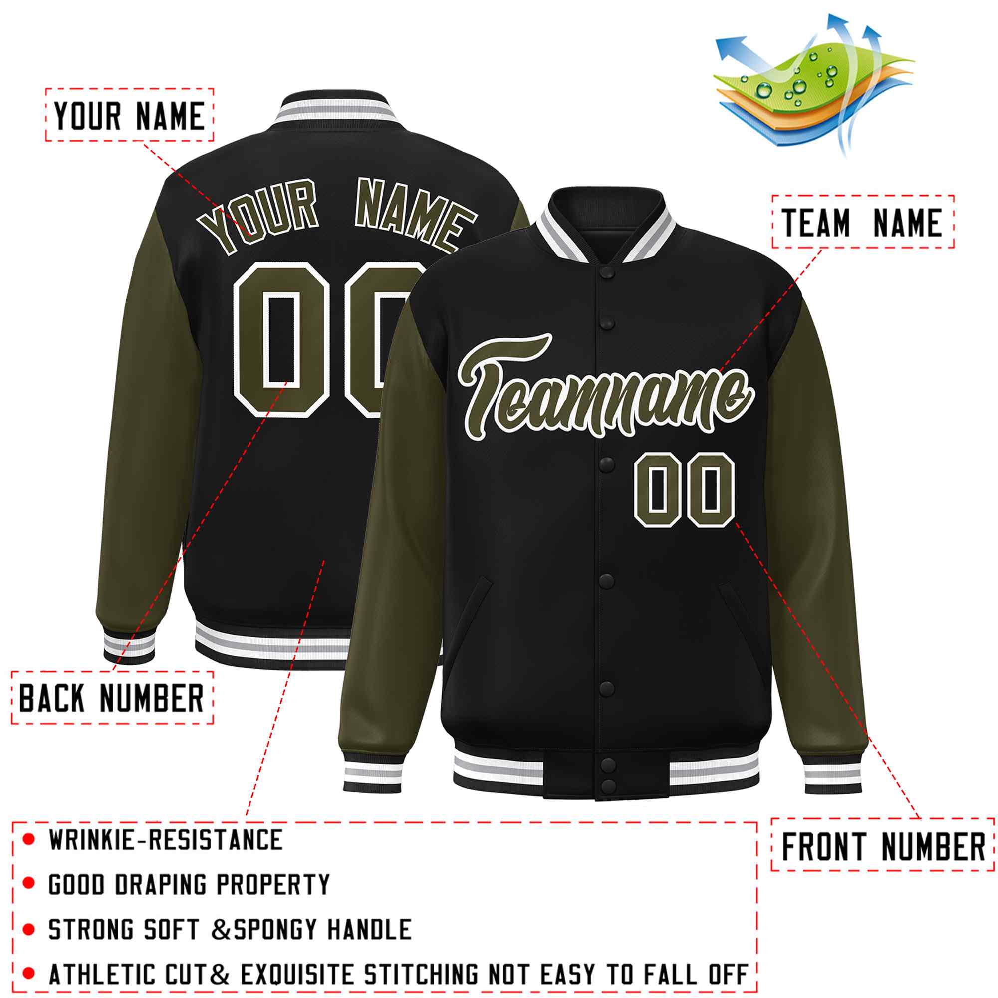 Custom Black Olive-White Raglan Sleeves Varsity Full-Snap Letterman Jacket