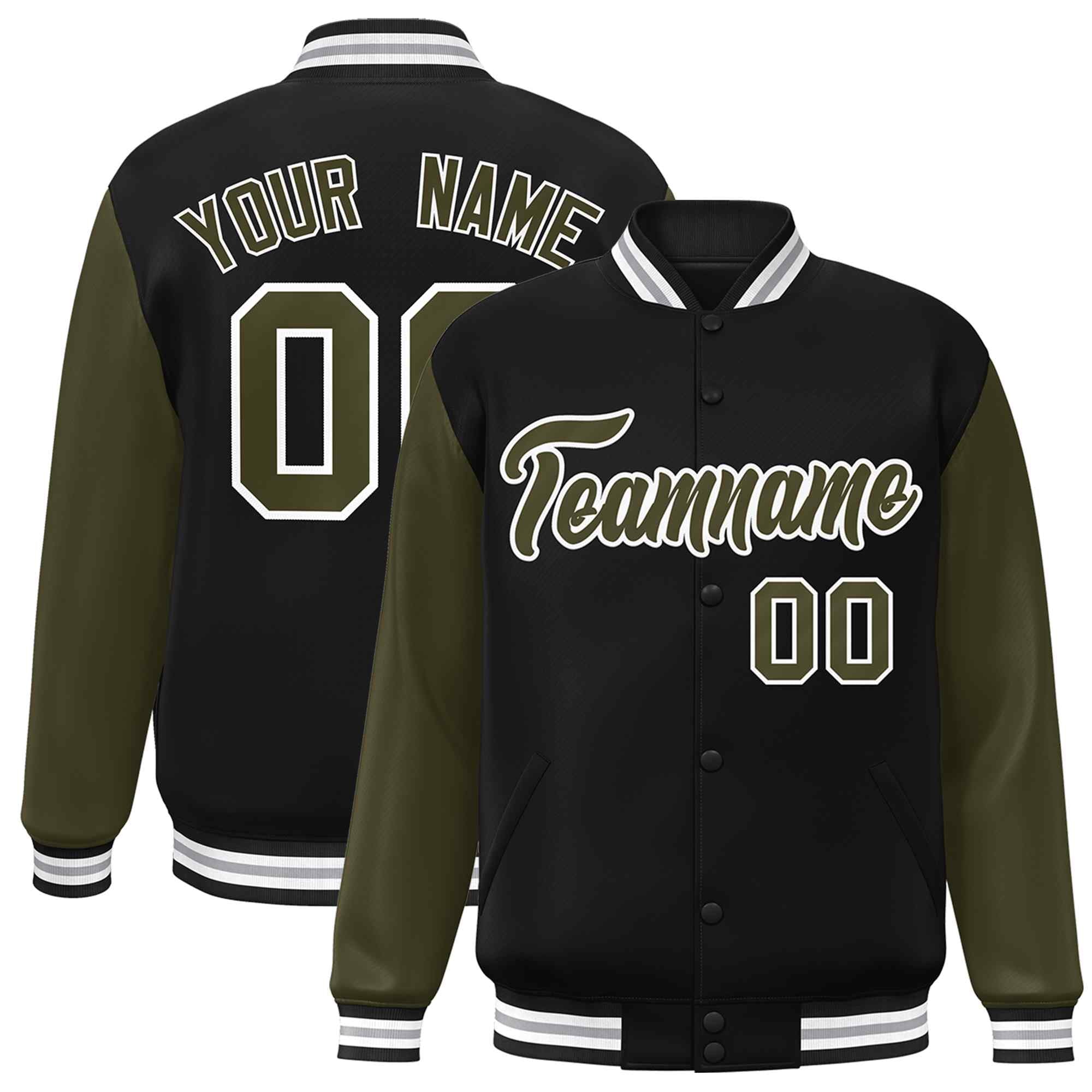 Custom Black Olive-White Raglan Sleeves Varsity Full-Snap Letterman Jacket