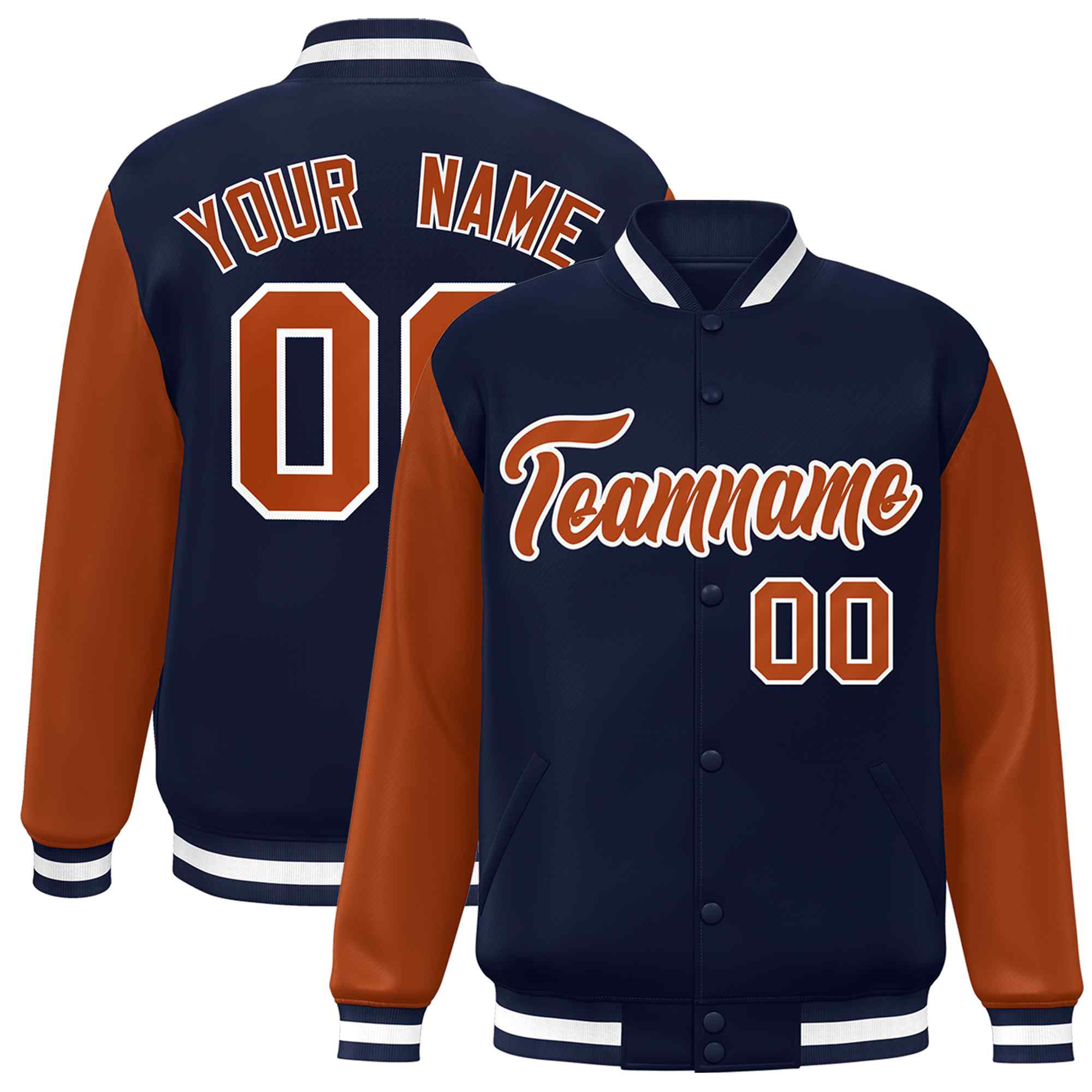 Veste Letterman universitaire à manches raglan orange-blanc bleu marine personnalisée