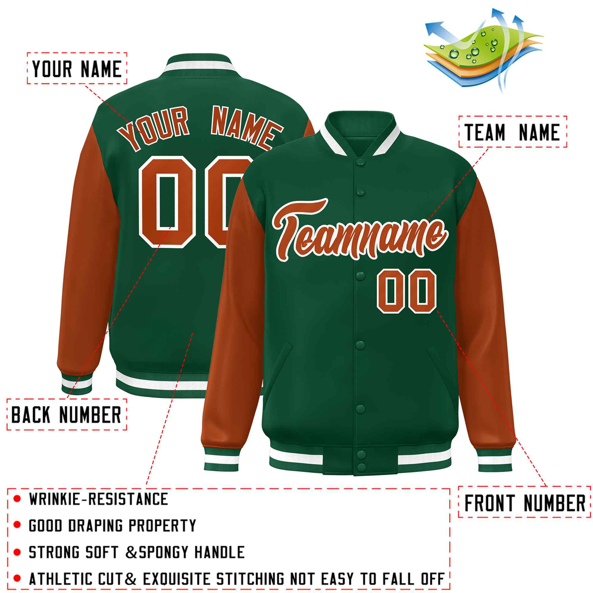 Custom Green Texas Orange-White Raglan Sleeves Varsity Full-Snap Letterman Jacket