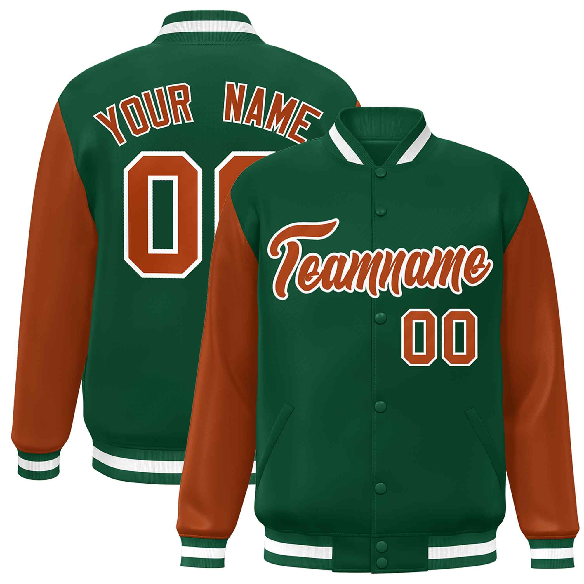 Custom Green Texas Orange-White Raglan Sleeves Varsity Full-Snap Letterman Jacket