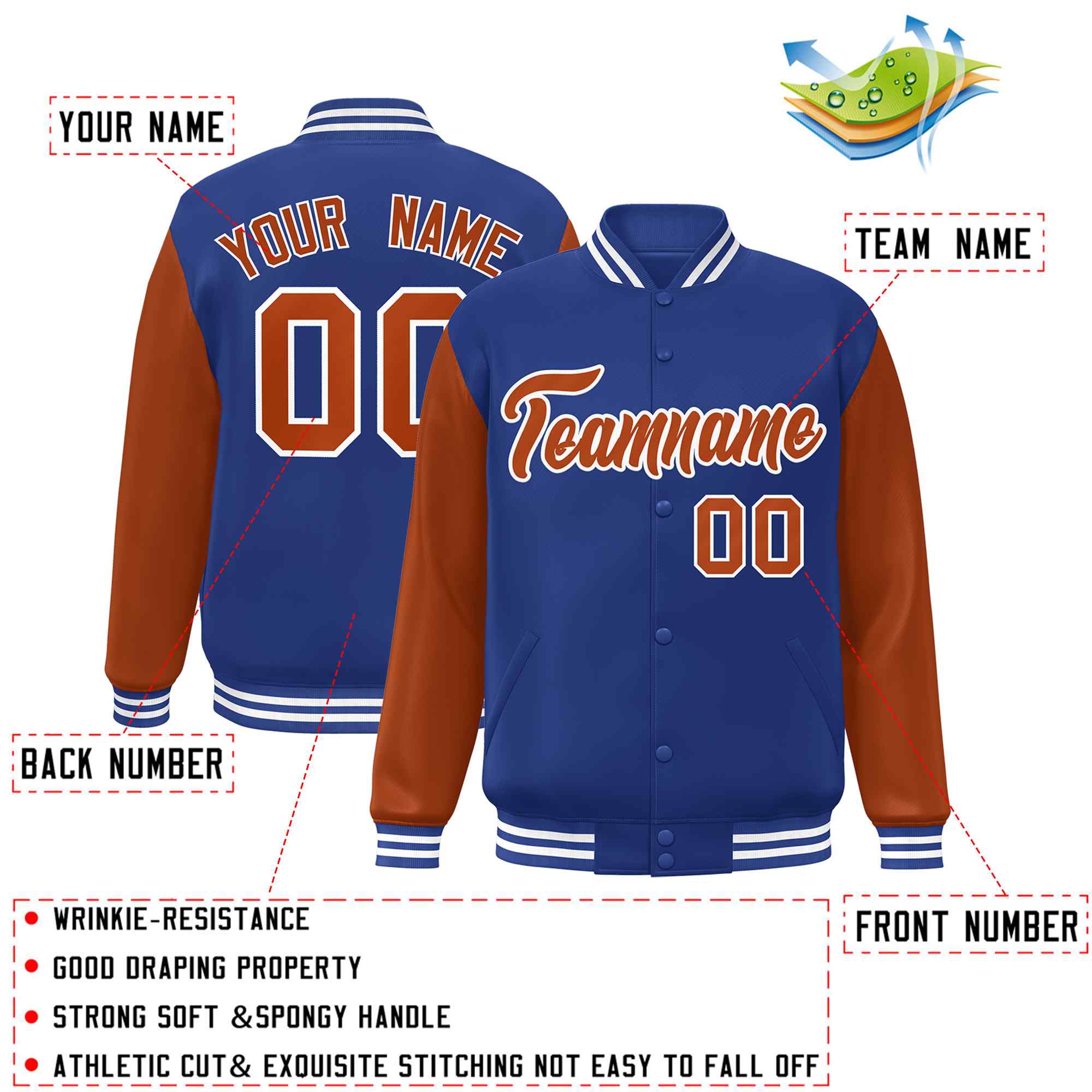 Custom Royal Texas Orange-White Raglan Sleeves Varsity Full-Snap Letterman Jacket