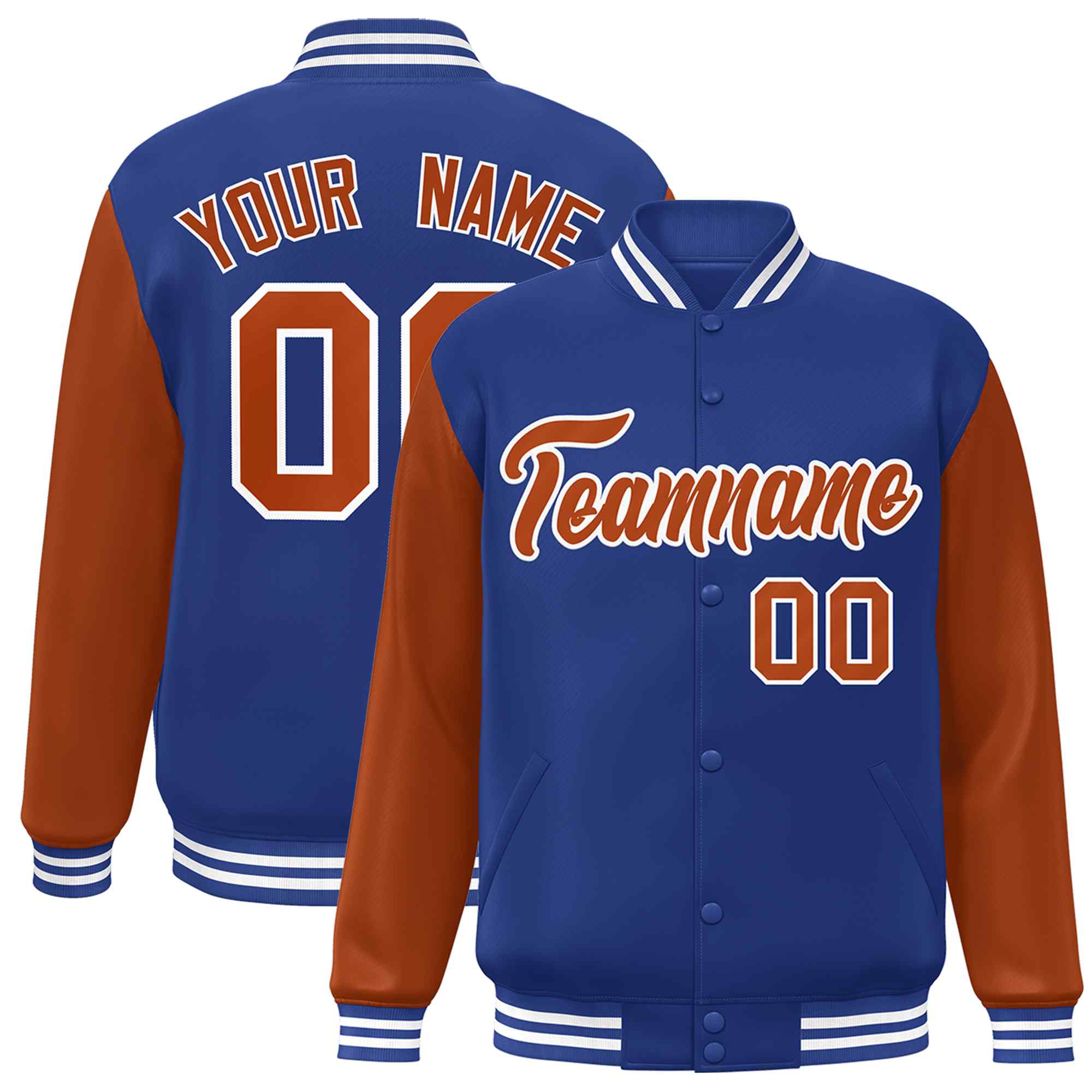 Custom Royal Texas Orange-White Raglan Sleeves Varsity Full-Snap Letterman Jacket