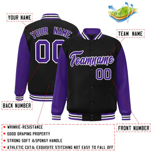 Veste Letterman Varsity Full-Snap à manches raglan personnalisées noir violet-blanc