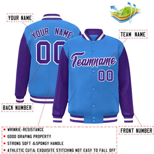 Custom Powder Blue Purple-White Raglan Sleeves Varsity Full-Snap Letterman Jacket