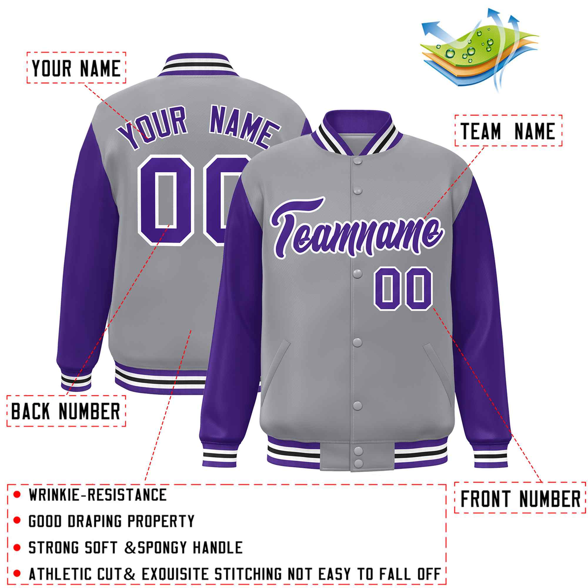 Veste Letterman Varsity Full-Snap à manches raglan gris violet-blanc personnalisée