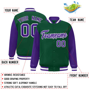 Custom Green Purple-White Raglan Sleeves Varsity Full-Snap Letterman Jacket