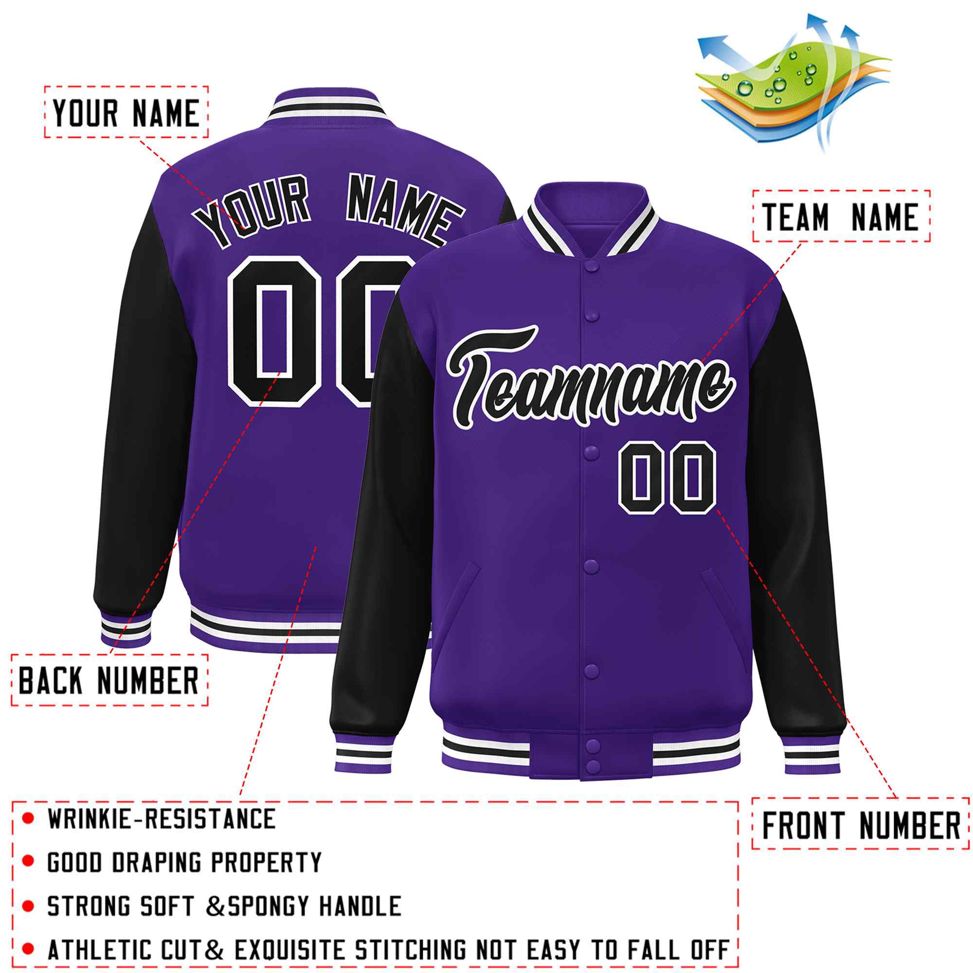 Veste Letterman Varsity Full-Snap à manches raglan violet noir-blanc personnalisée