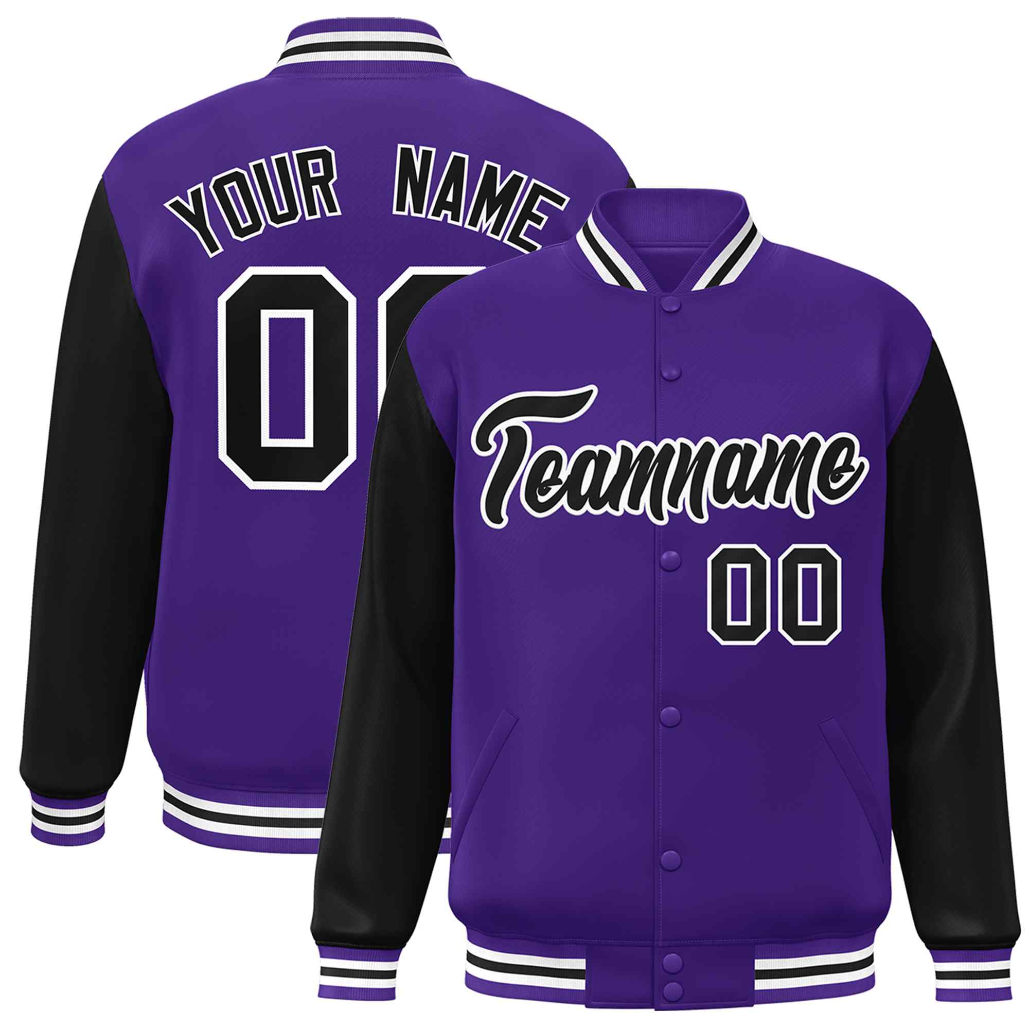 Veste Letterman Varsity Full-Snap à manches raglan violet noir-blanc personnalisée