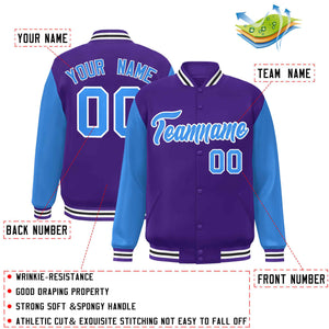 Veste Letterman Varsity Full-Snap à manches raglan bleu-blanc violet personnalisée