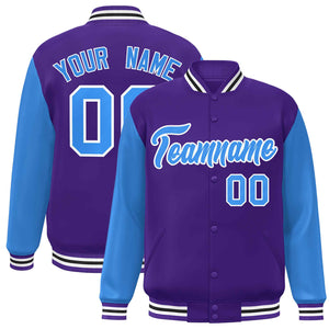 Veste Letterman Varsity Full-Snap à manches raglan bleu-blanc violet personnalisée