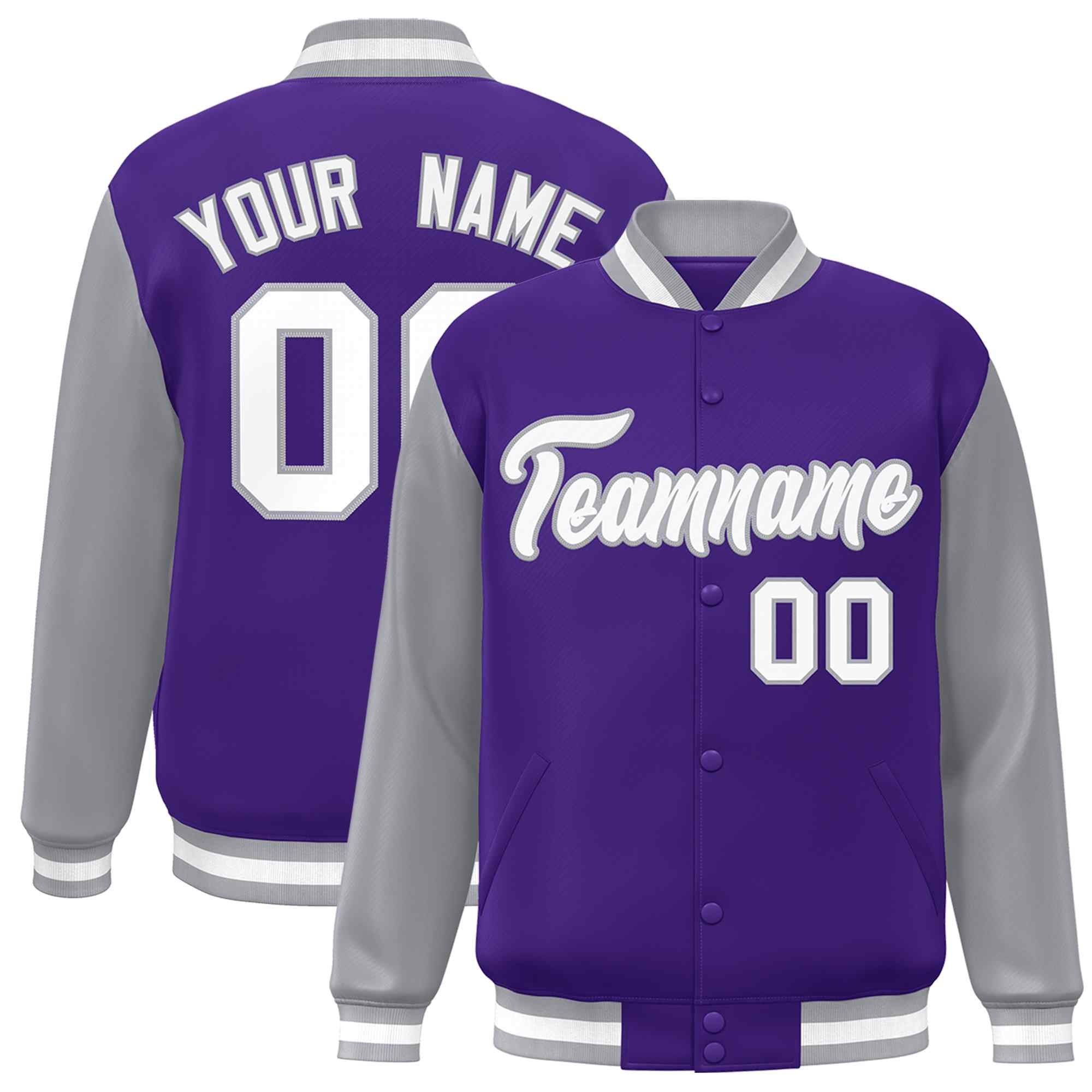 Veste Letterman Varsity Full-Snap à manches raglan personnalisées violet blanc-gris