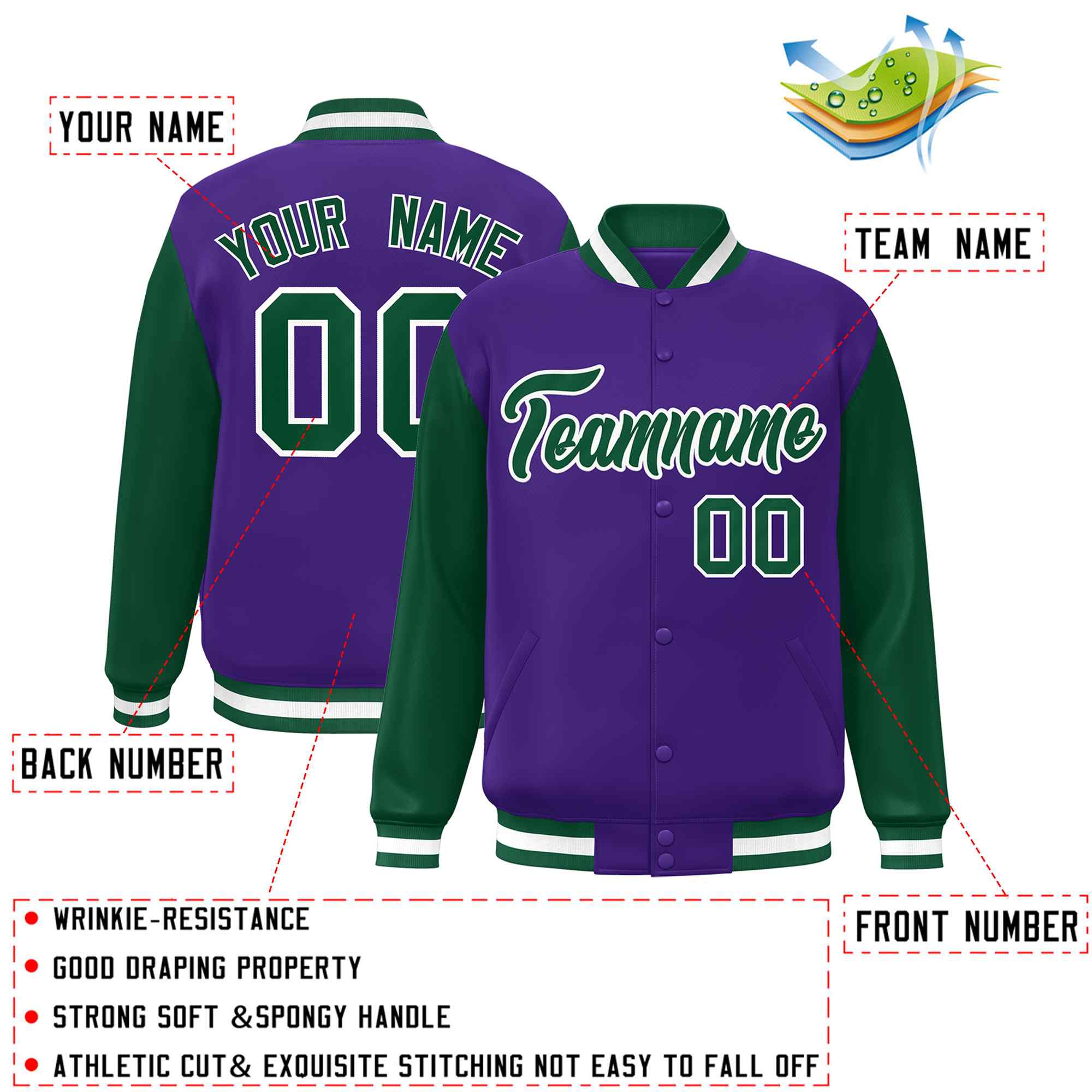 Veste Letterman Varsity Full-Snap à manches raglan personnalisées violet vert-blanc