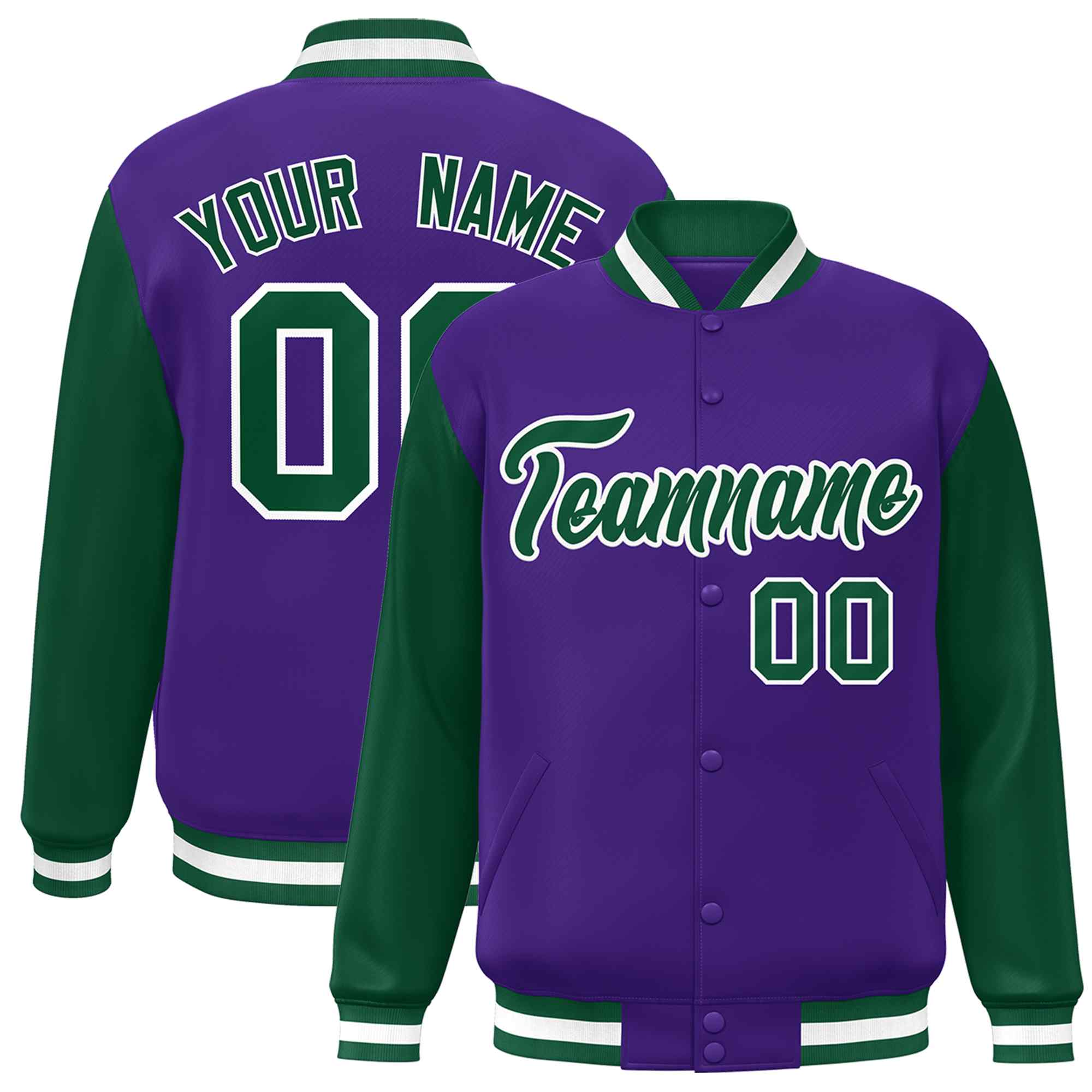 Veste Letterman Varsity Full-Snap à manches raglan personnalisées violet vert-blanc