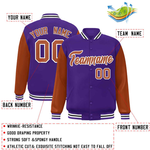 Custom Purple Texas Orange-White Raglan Sleeves Varsity Full-Snap Letterman Jacket