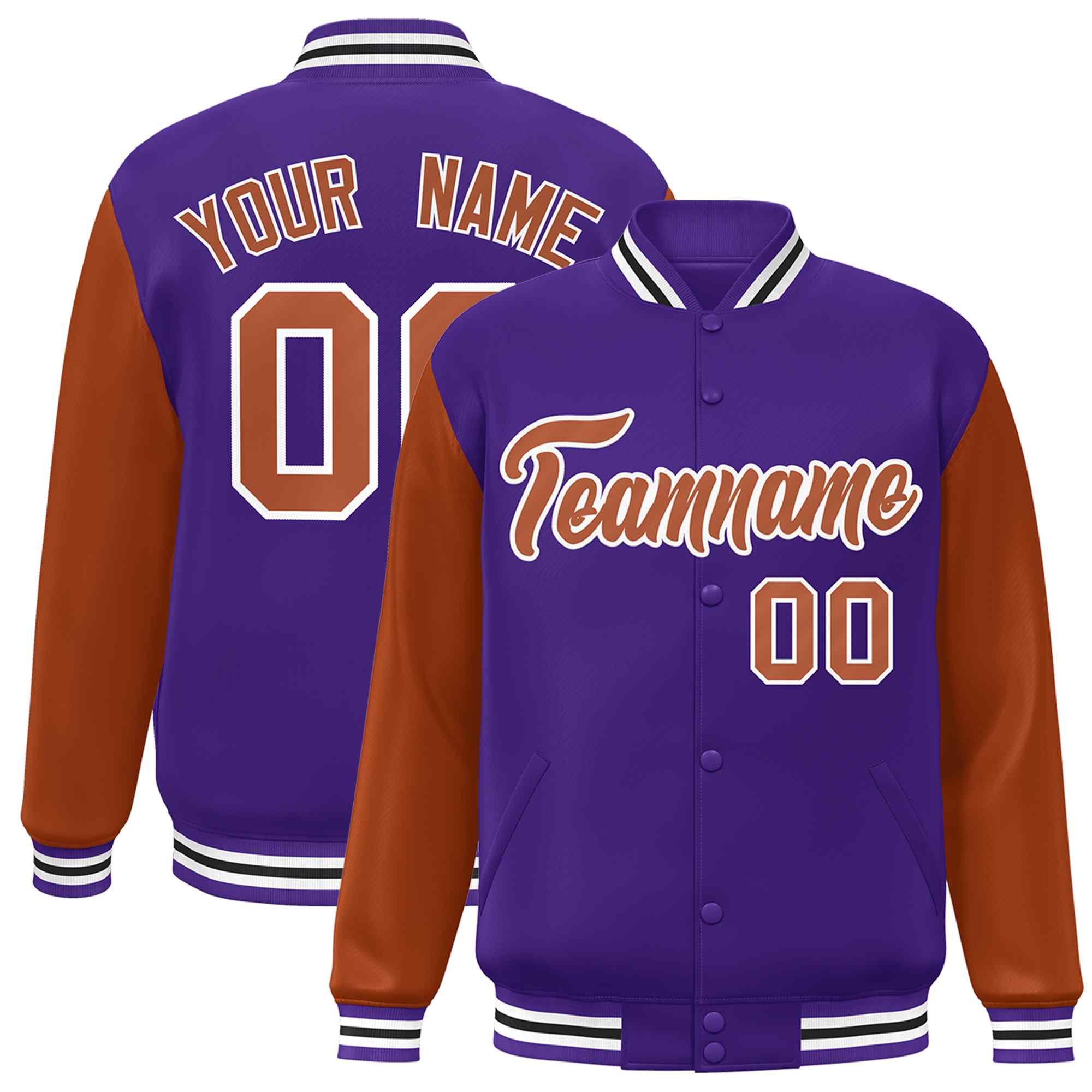 Veste Letterman universitaire à manches raglan violet Texas orange-blanc personnalisée