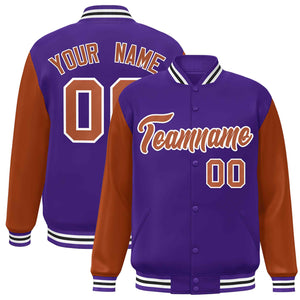 Custom Purple Texas Orange-White Raglan Sleeves Varsity Full-Snap Letterman Jacket