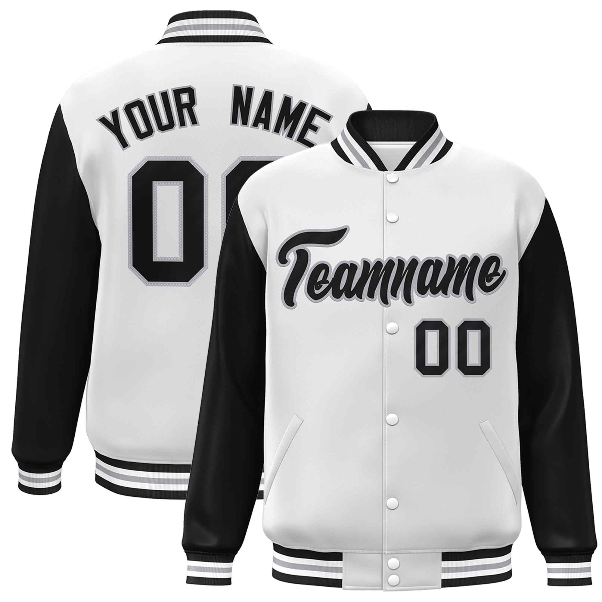 Custom White Black-Gray Raglan Sleeves Varsity Full-Snap Letterman Jacket