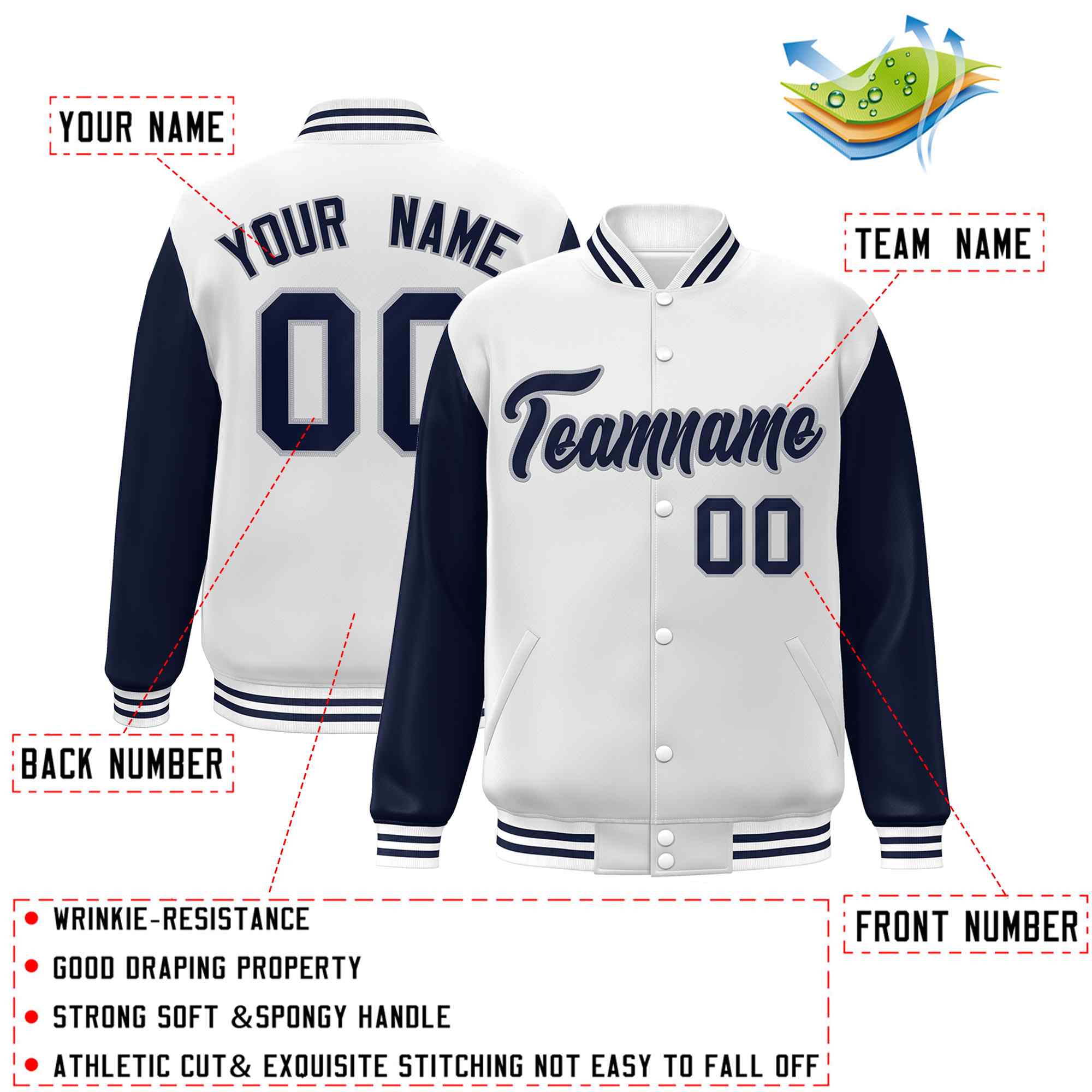 Veste Letterman Varsity Full-Snap personnalisée à manches raglan blanc-gris marine