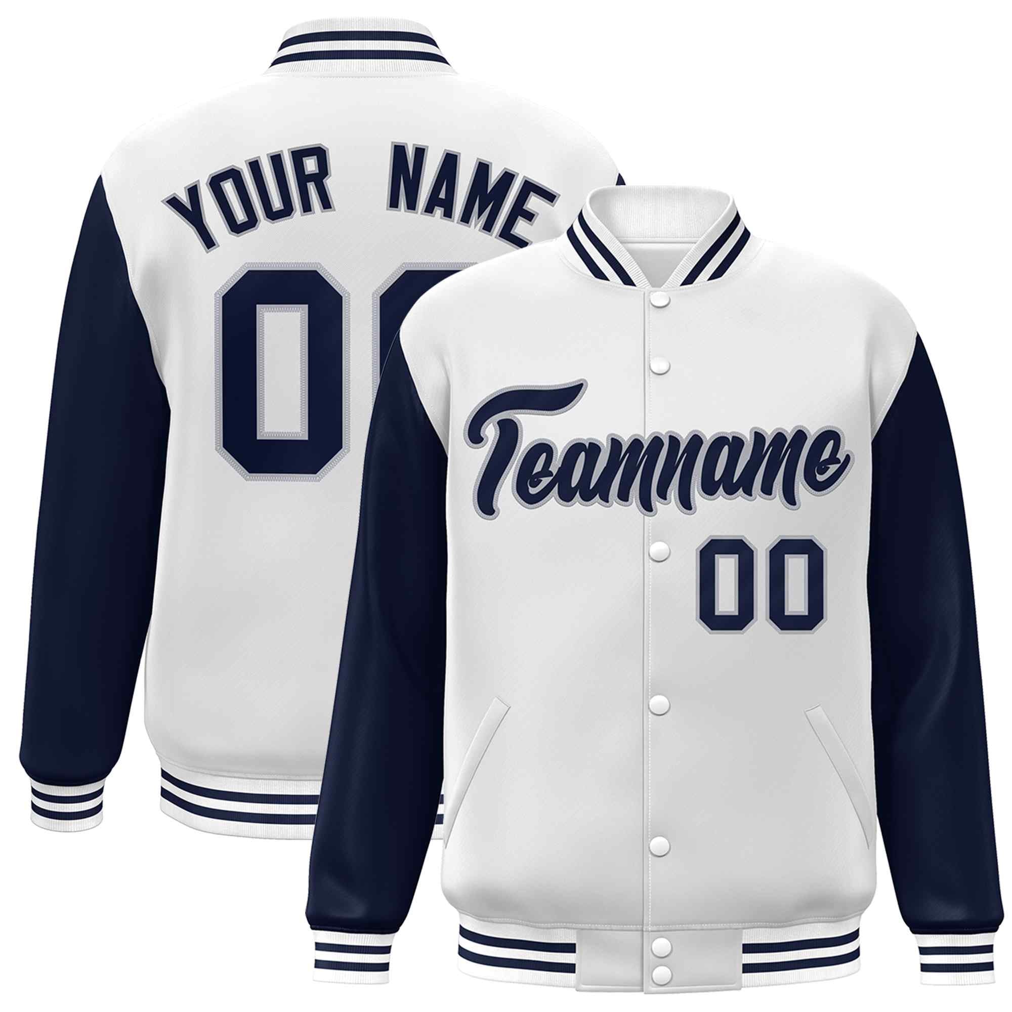 Veste Letterman Varsity Full-Snap personnalisée à manches raglan blanc-gris marine