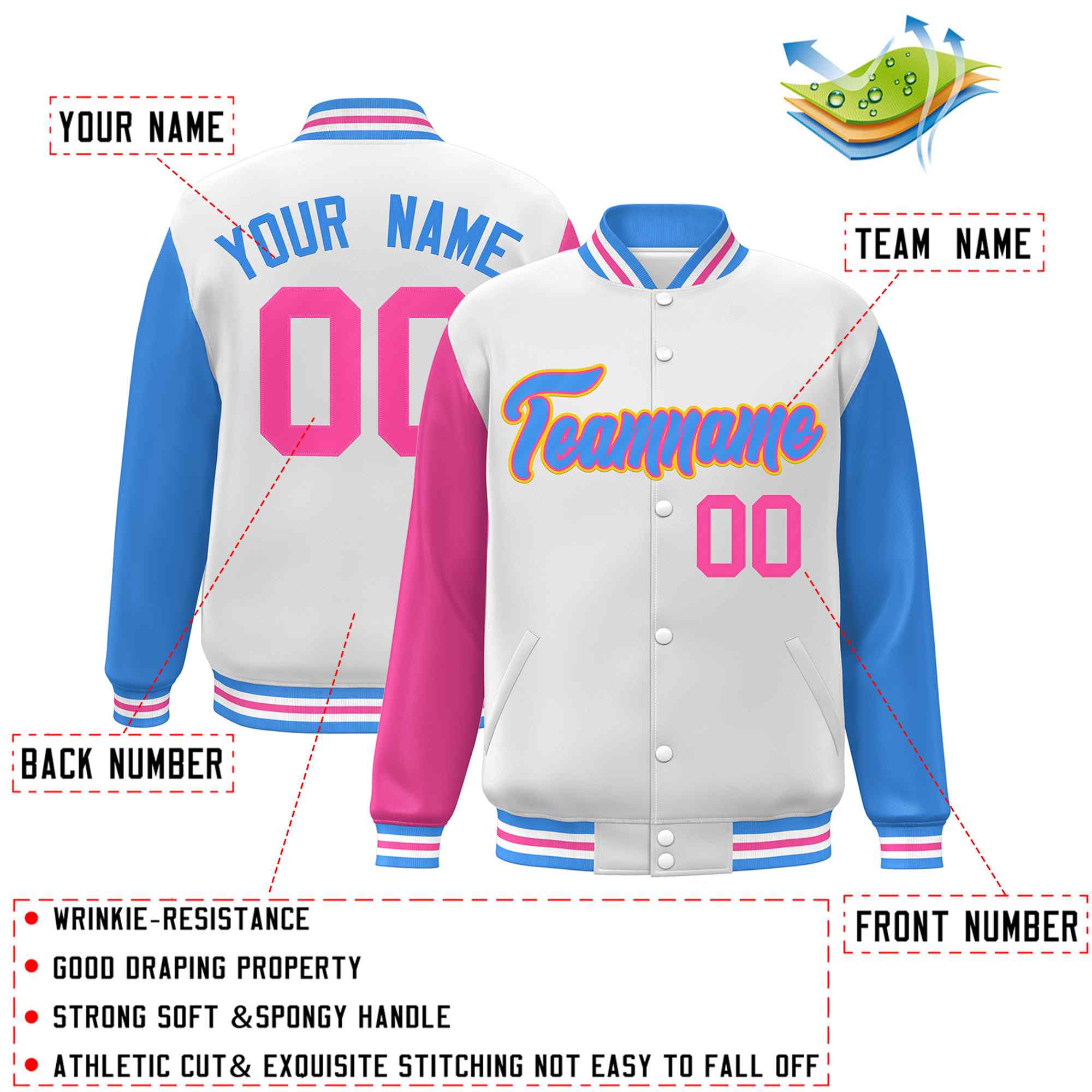 Veste Letterman Varsity Full-Snap à manches raglan bleu-rose poudre blanche personnalisée