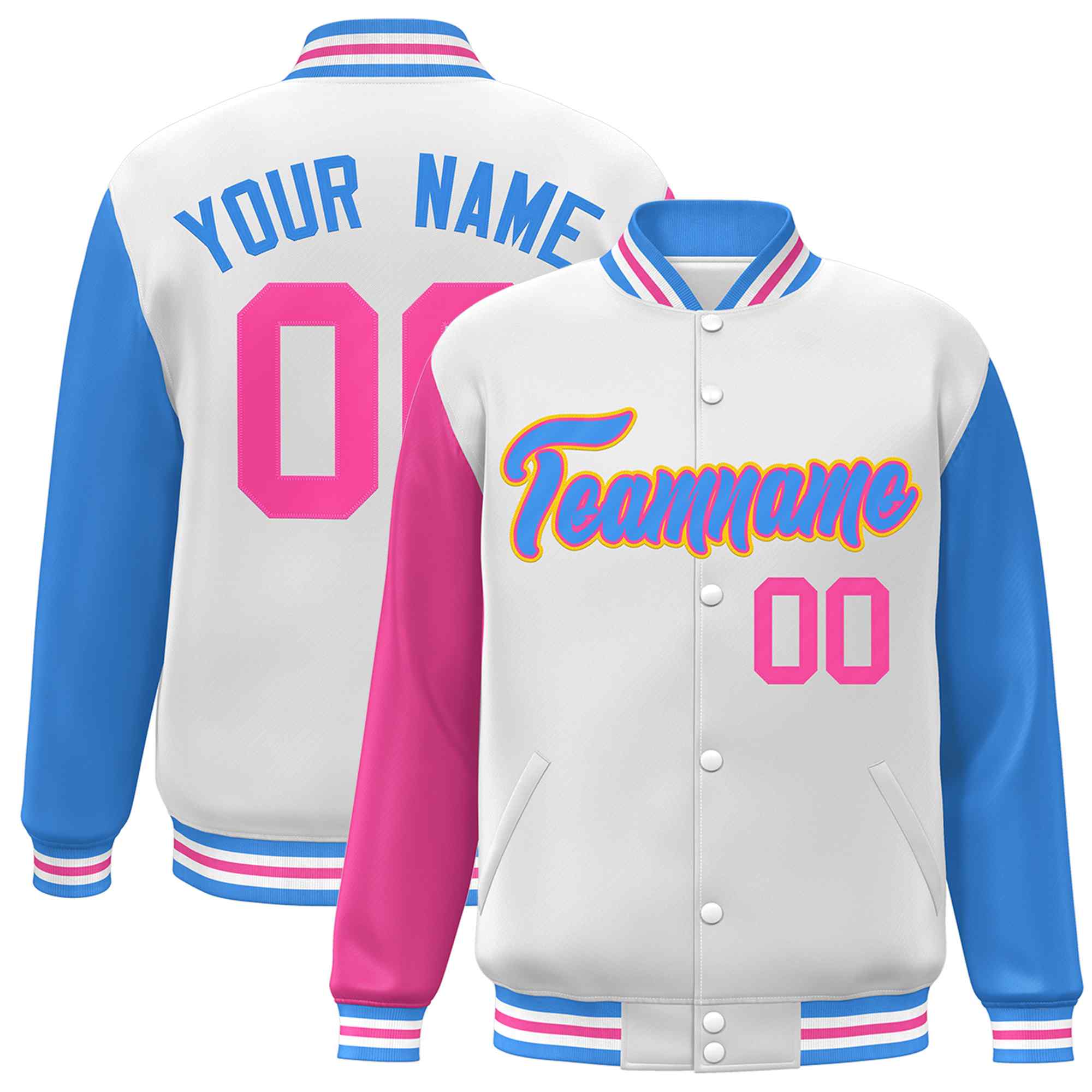 Custom White Powder Blue-Pink Raglan Sleeves Varsity Full-Snap Letterman Jacket