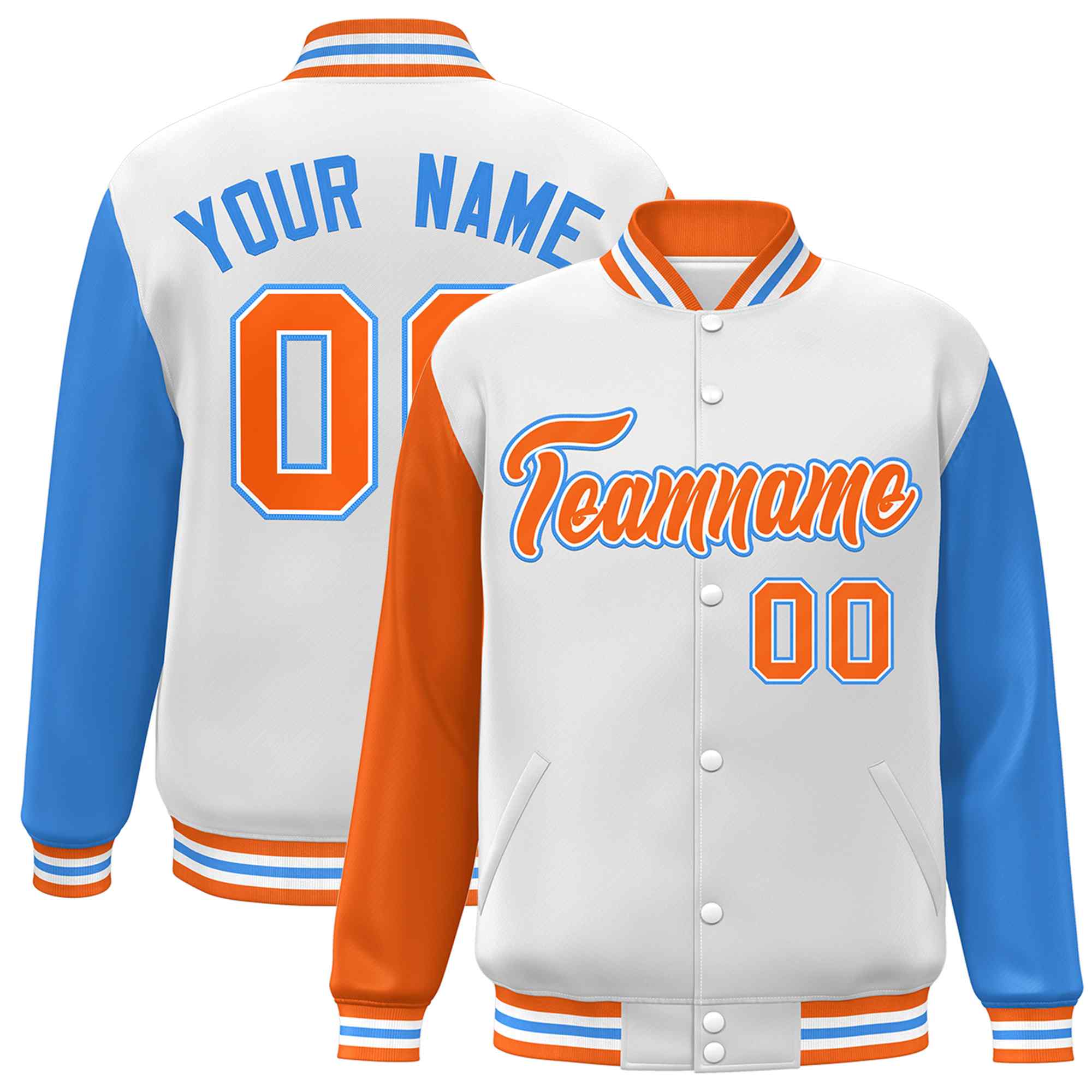 Veste Letterman Varsity Full-Snap à manches raglan blanc-orange-blanc personnalisée