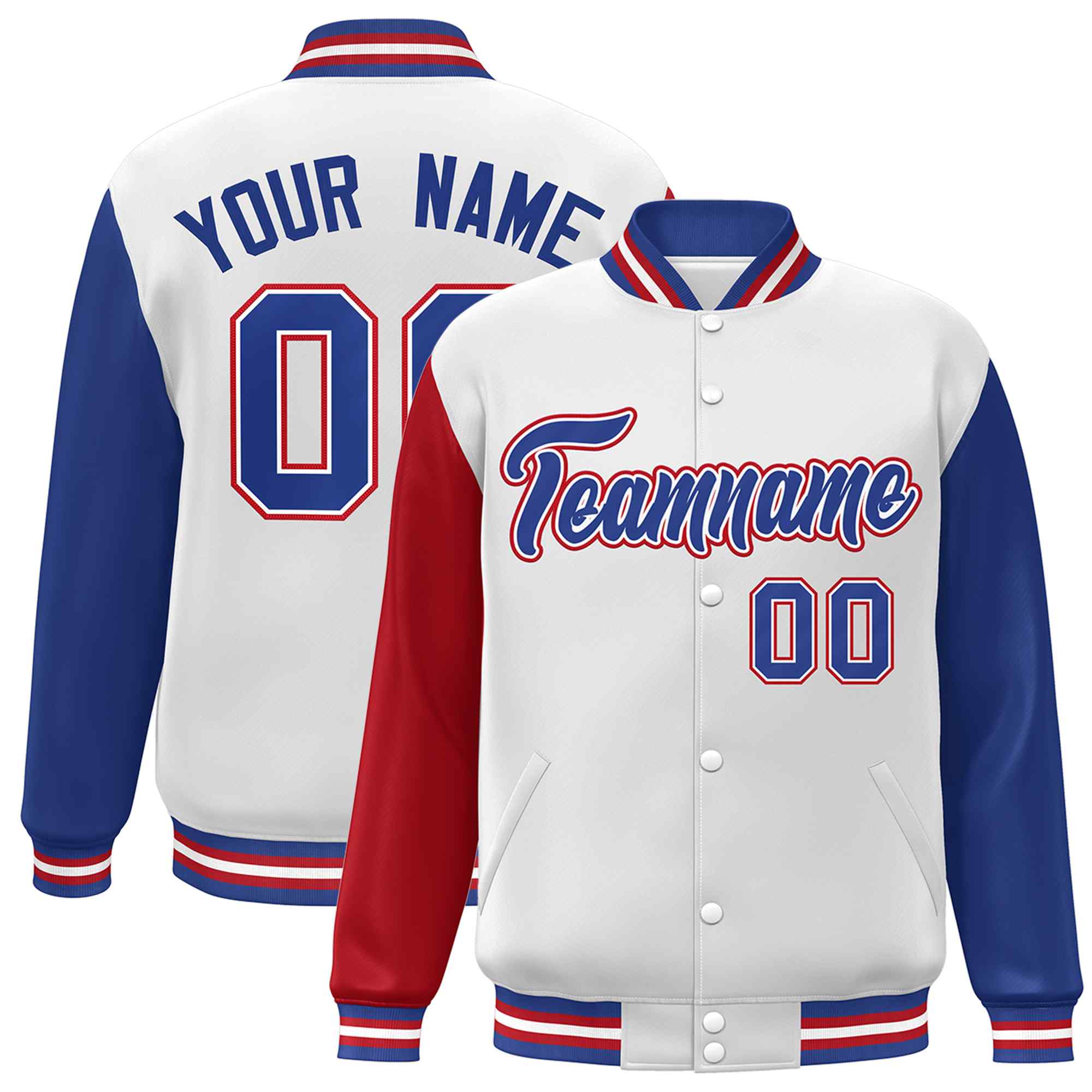 Veste Letterman Varsity Full-Snap à manches raglan blanc royal-blanc personnalisée