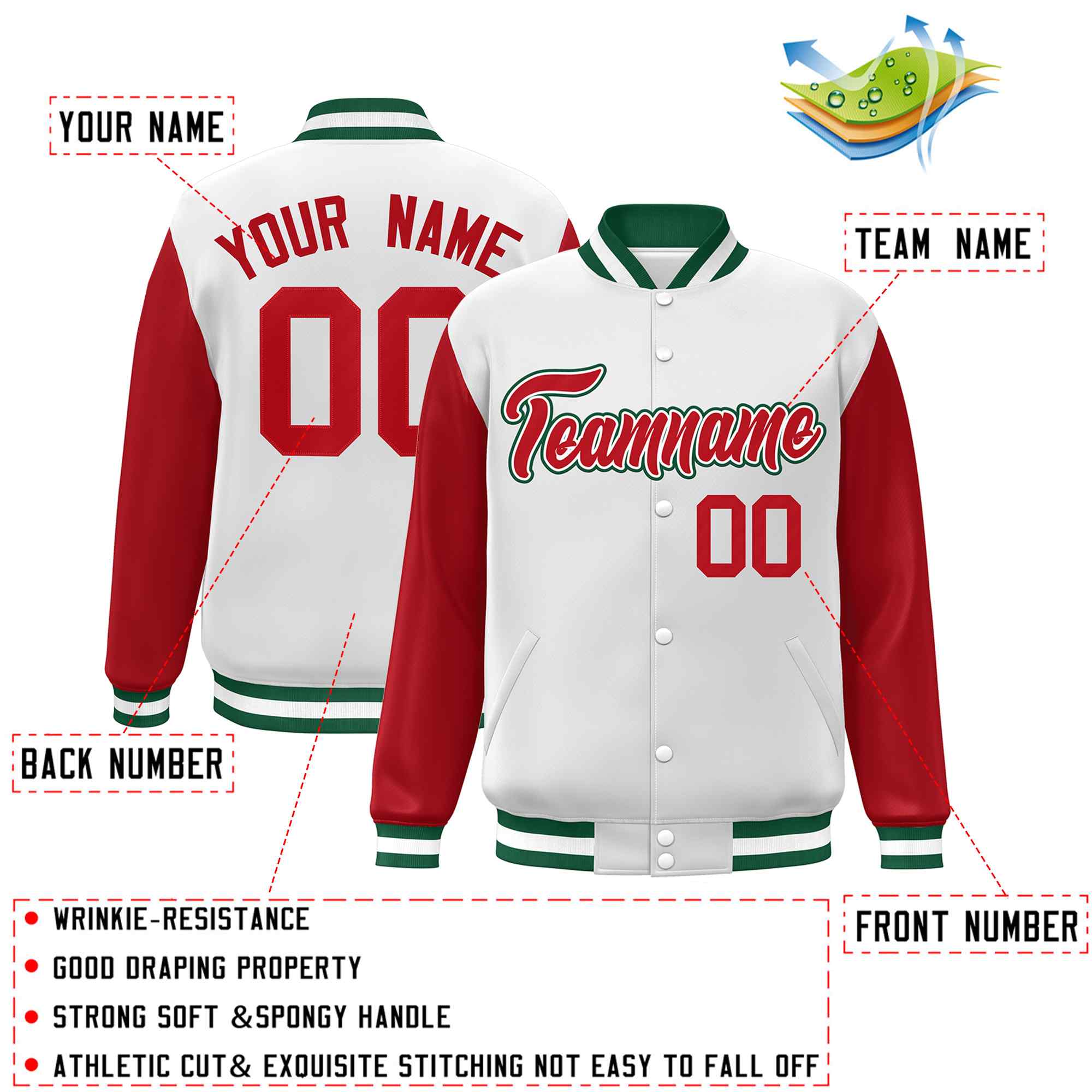 Custom White Red-White Raglan Sleeves Varsity Full-Snap Letterman Jacket