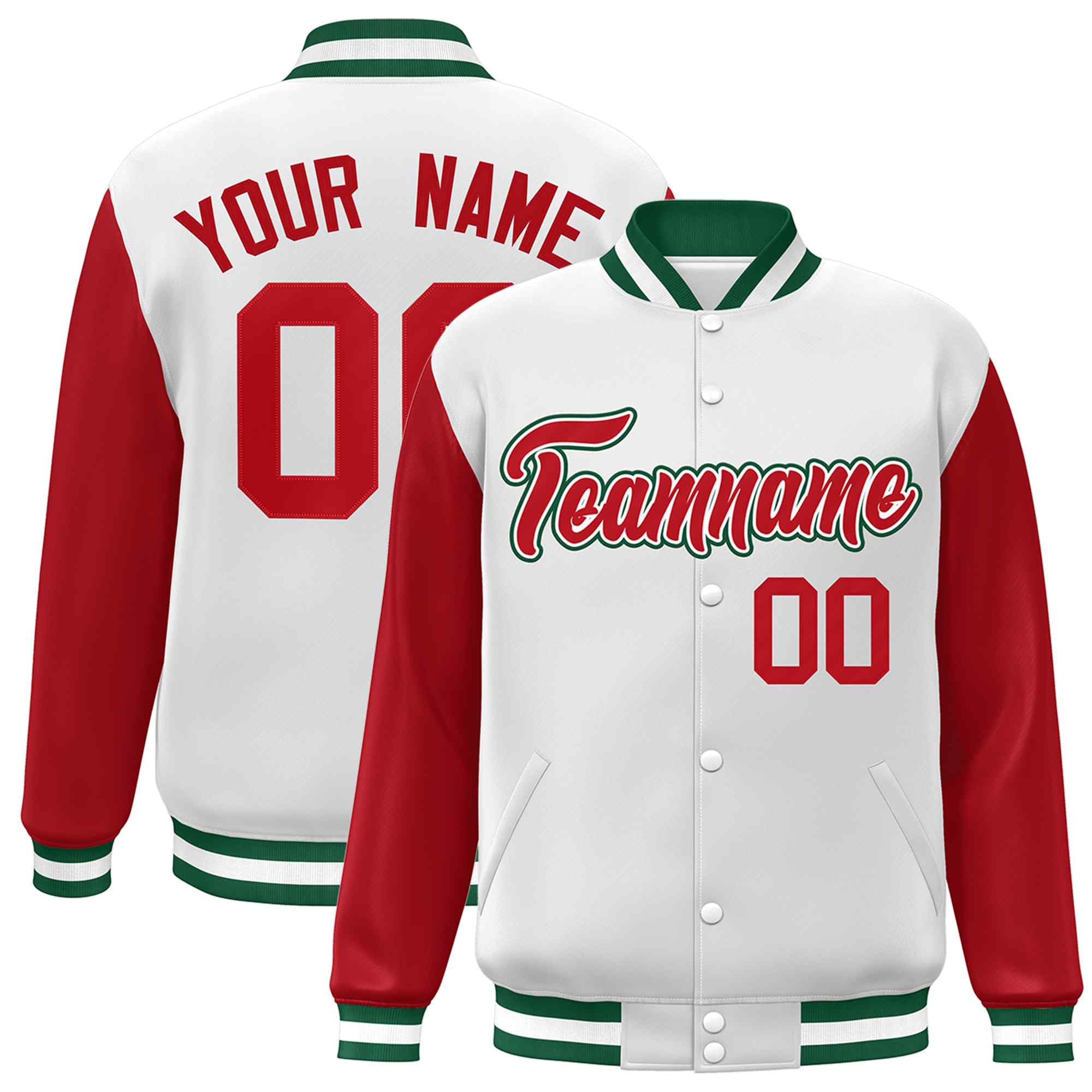 Custom White Red-White Raglan Sleeves Varsity Full-Snap Letterman Jacket