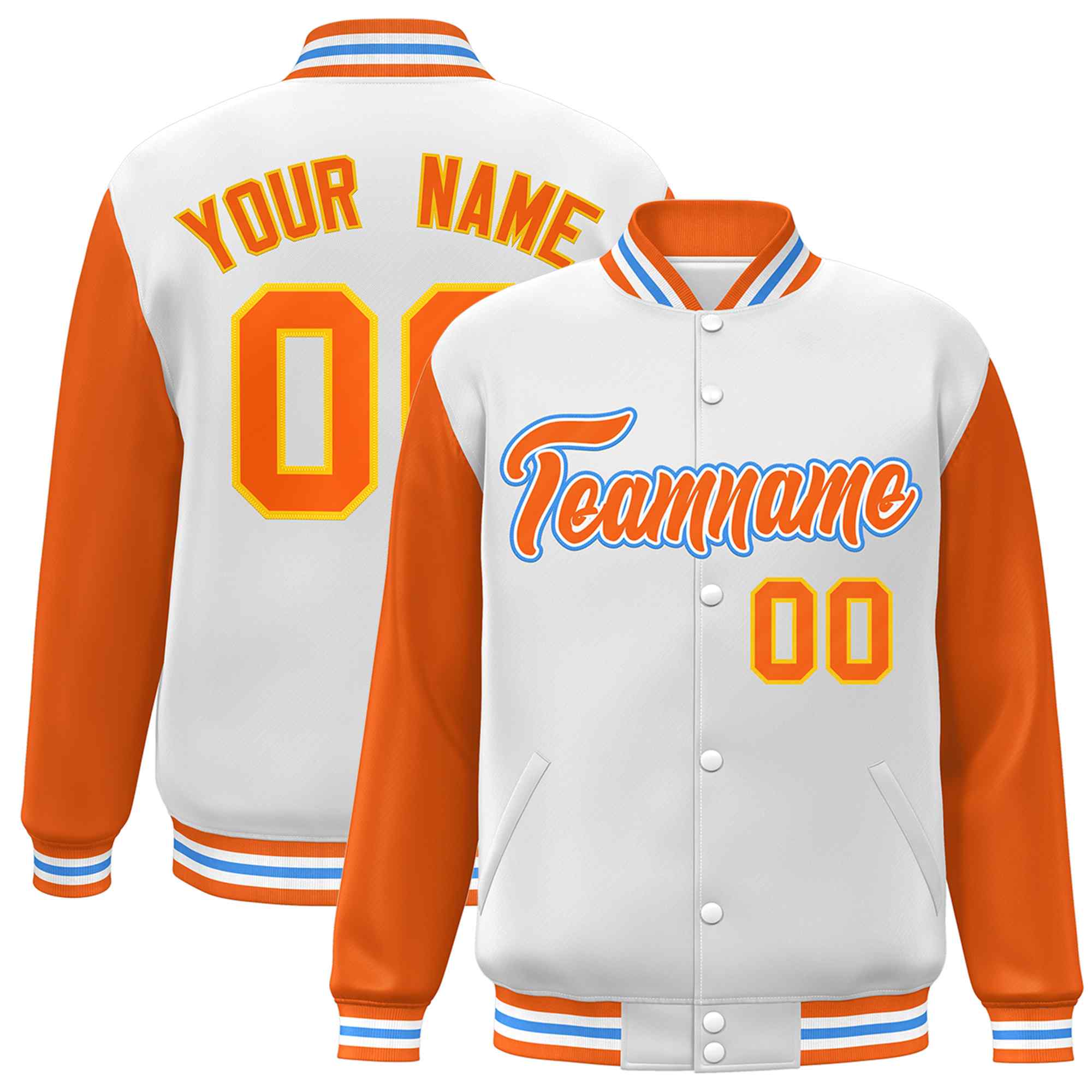 Custom White Orange-White Raglan Sleeves Varsity Full-Snap Letterman Jacket