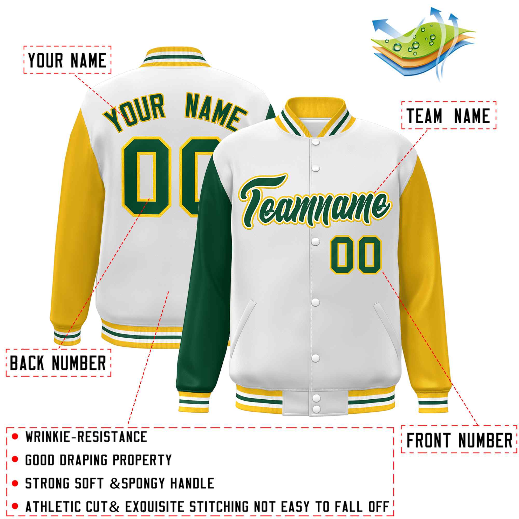 Veste Letterman Varsity Full-Snap personnalisée à manches raglan blanc vert-blanc