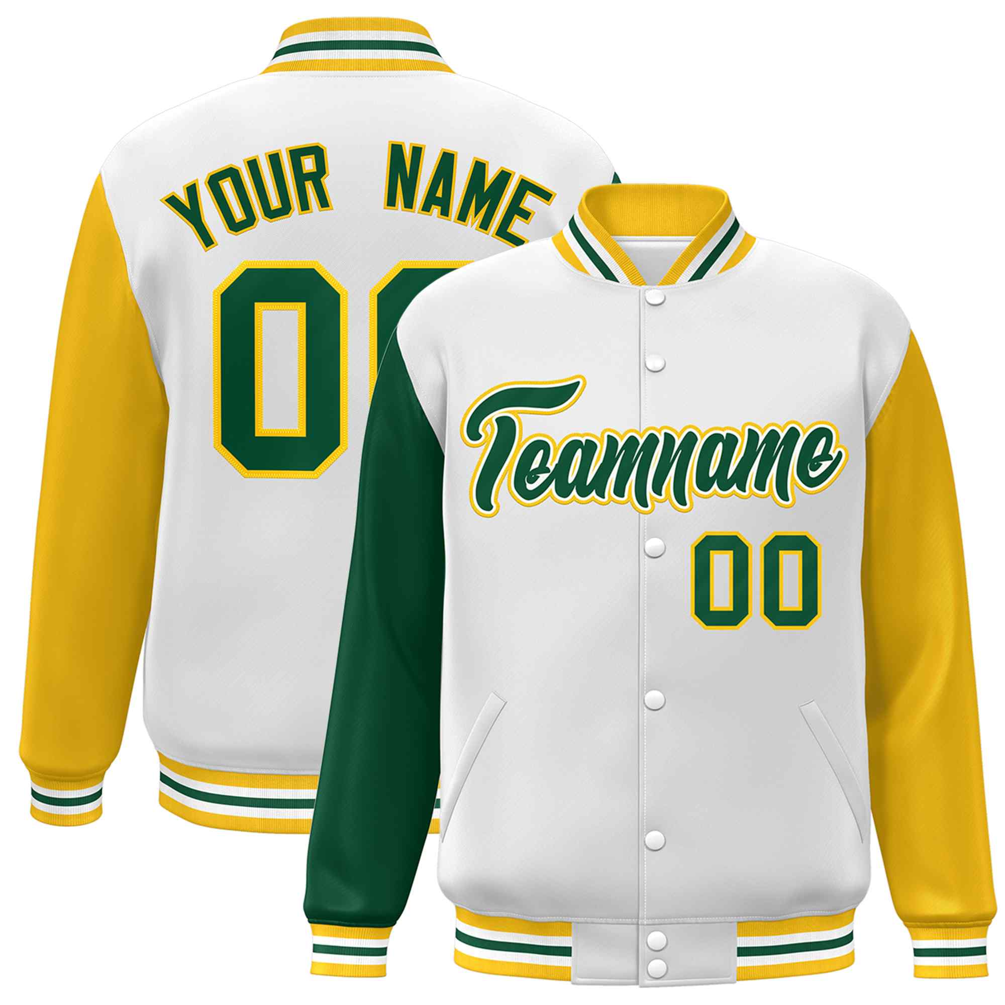 Veste Letterman Varsity Full-Snap personnalisée à manches raglan blanc vert-blanc