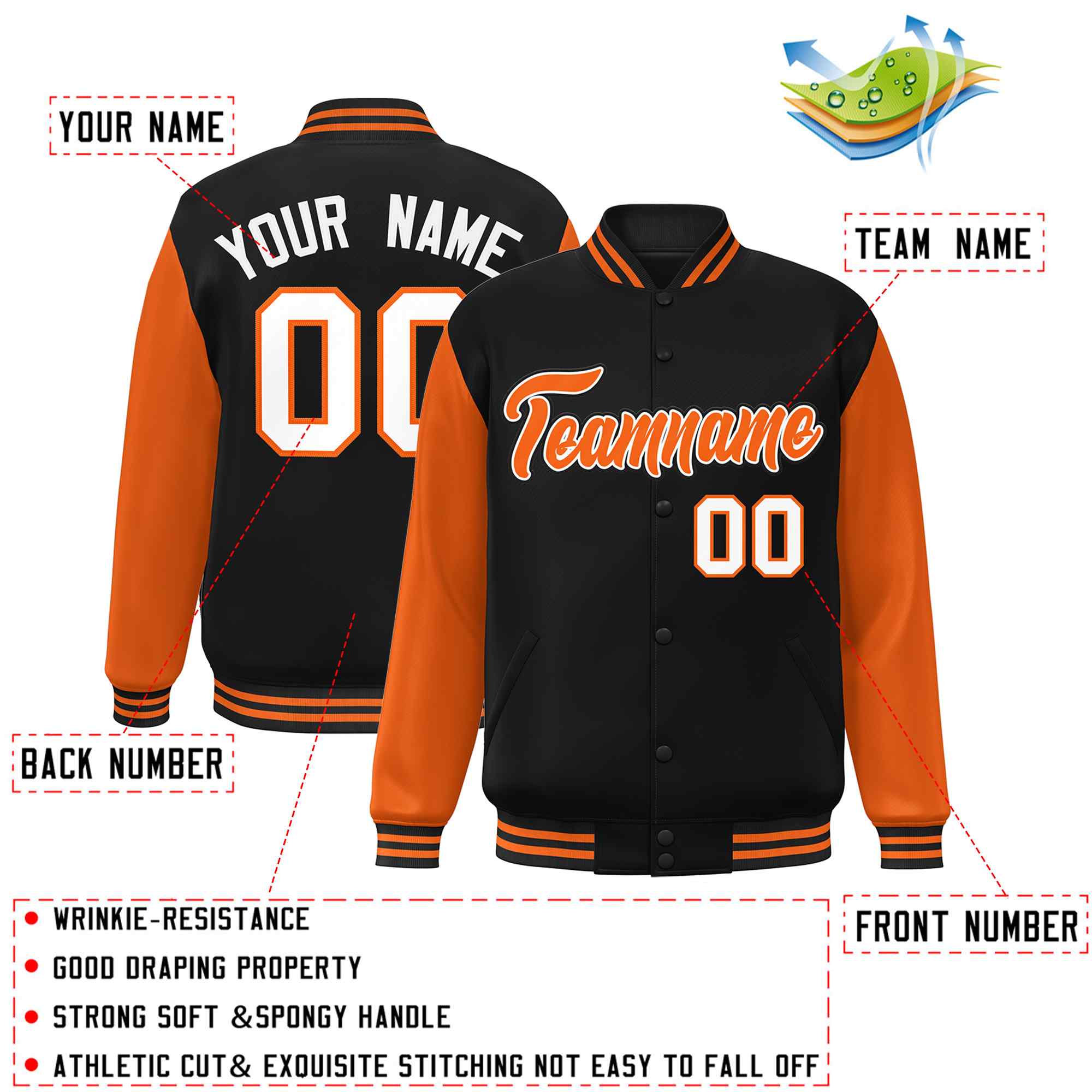 Veste Letterman Varsity Full-Snap personnalisée à manches raglan noir orange-blanc