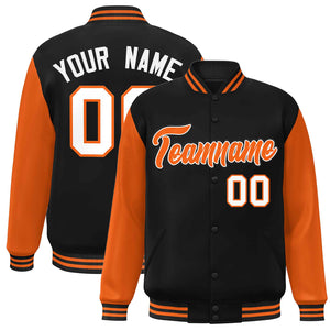 Veste Letterman Varsity Full-Snap personnalisée à manches raglan noir orange-blanc