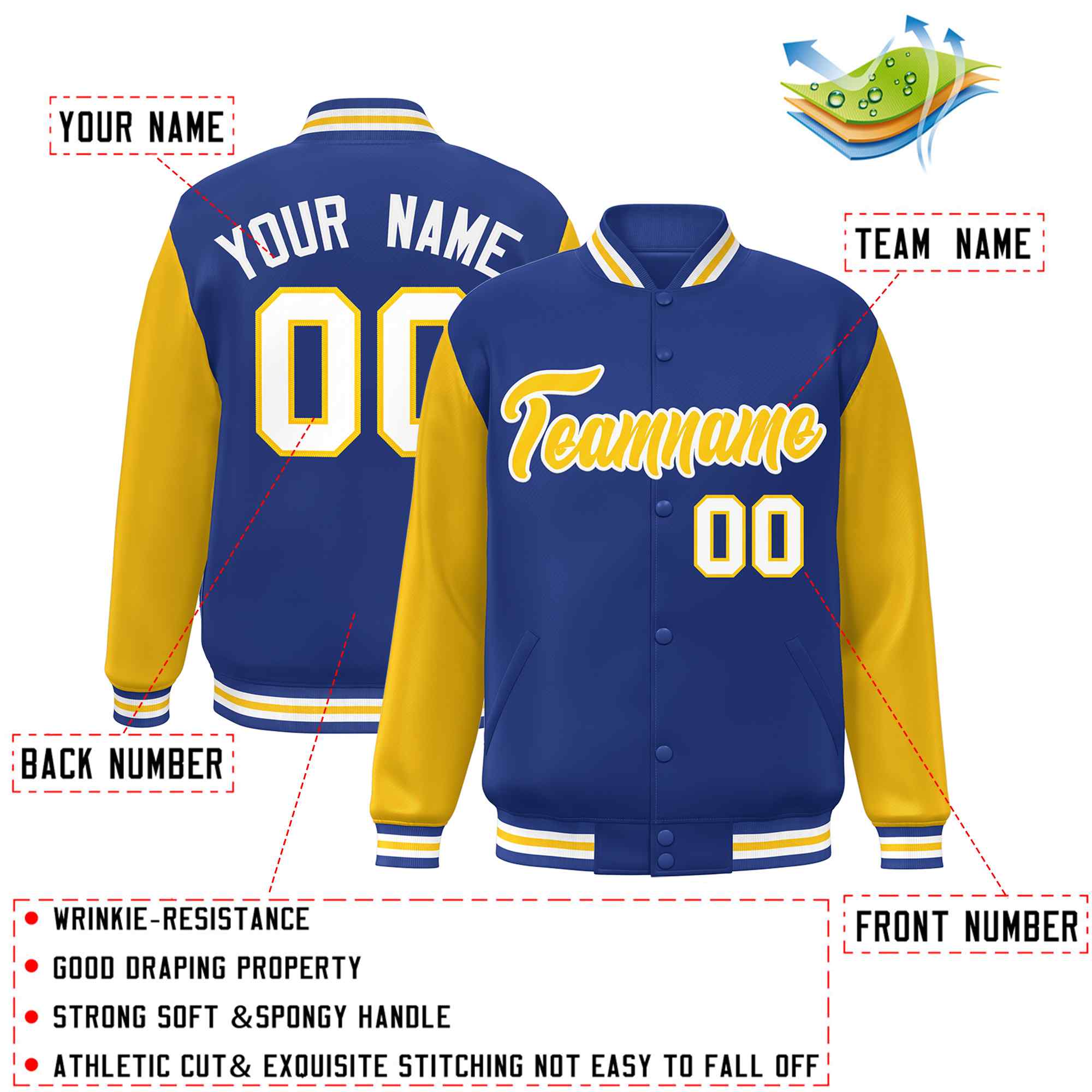 Veste Letterman Varsity à manches raglan personnalisées Royal Gold-White