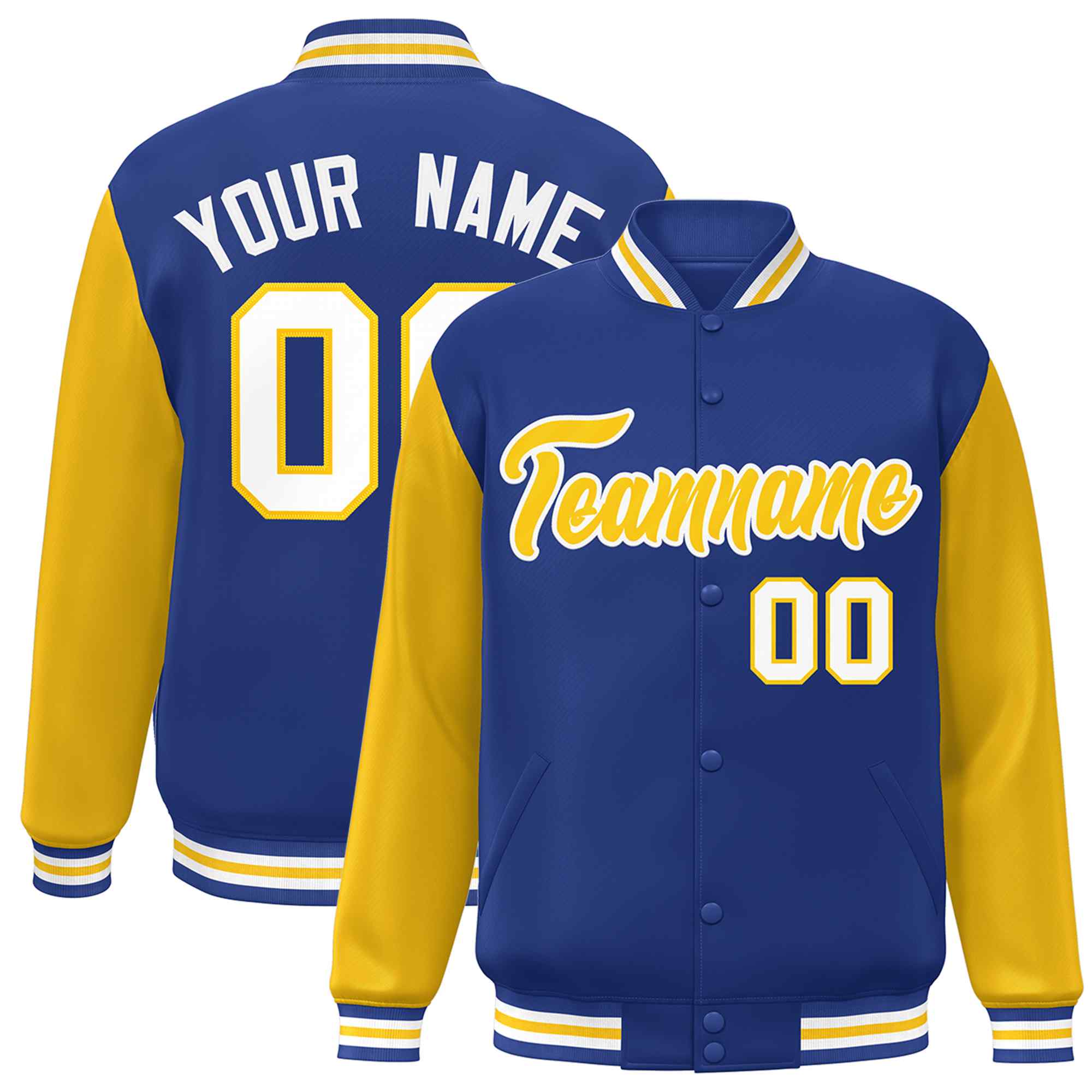 Custom Royal Gold-White Raglan Sleeves Varsity Full-Snap Letterman Jacket