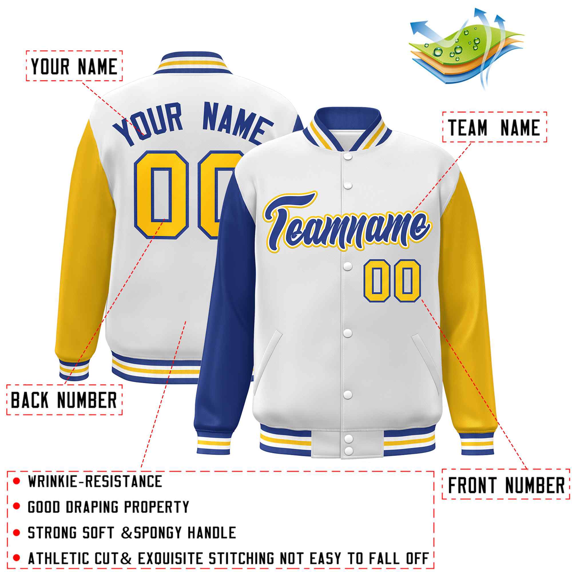 Veste Letterman Varsity Full-Snap à manches raglan blanc royal-blanc personnalisée