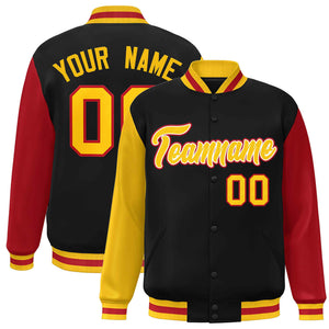 Custom Black Gold-White Raglan Sleeves Varsity Full-Snap Letterman Jacket