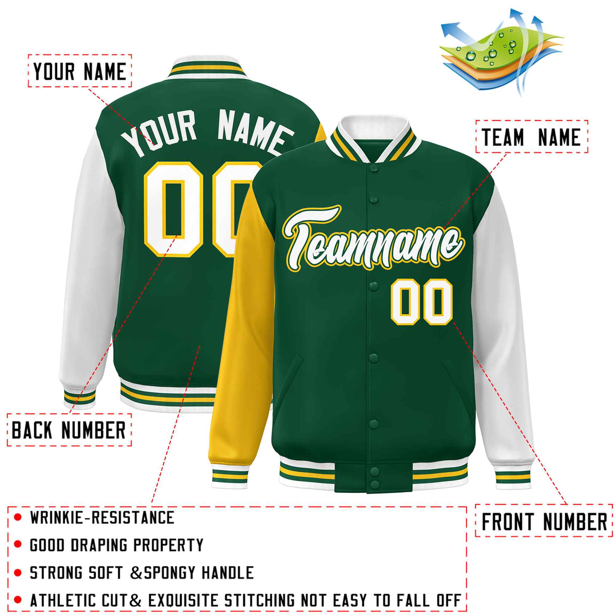 Veste Letterman Varsity Full-Snap à manches raglan vert blanc-vert personnalisée