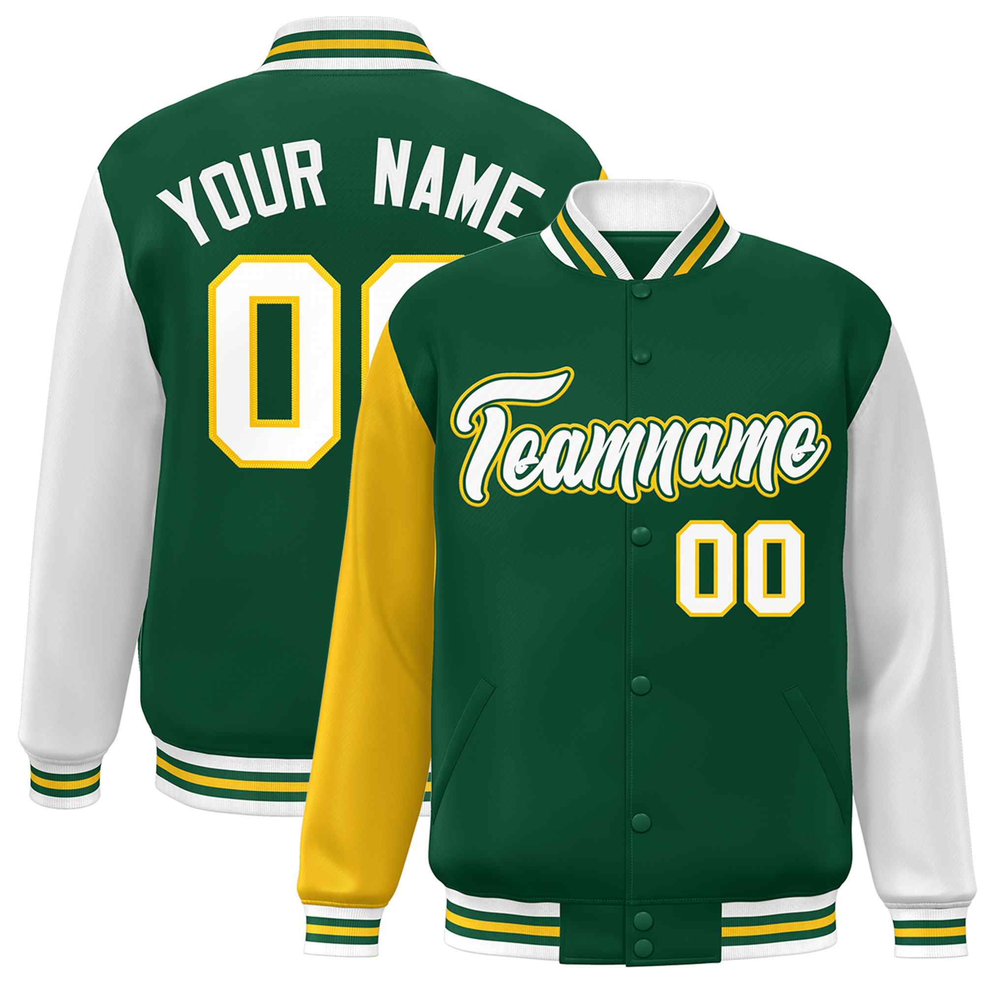 Veste Letterman Varsity Full-Snap à manches raglan vert blanc-vert personnalisée