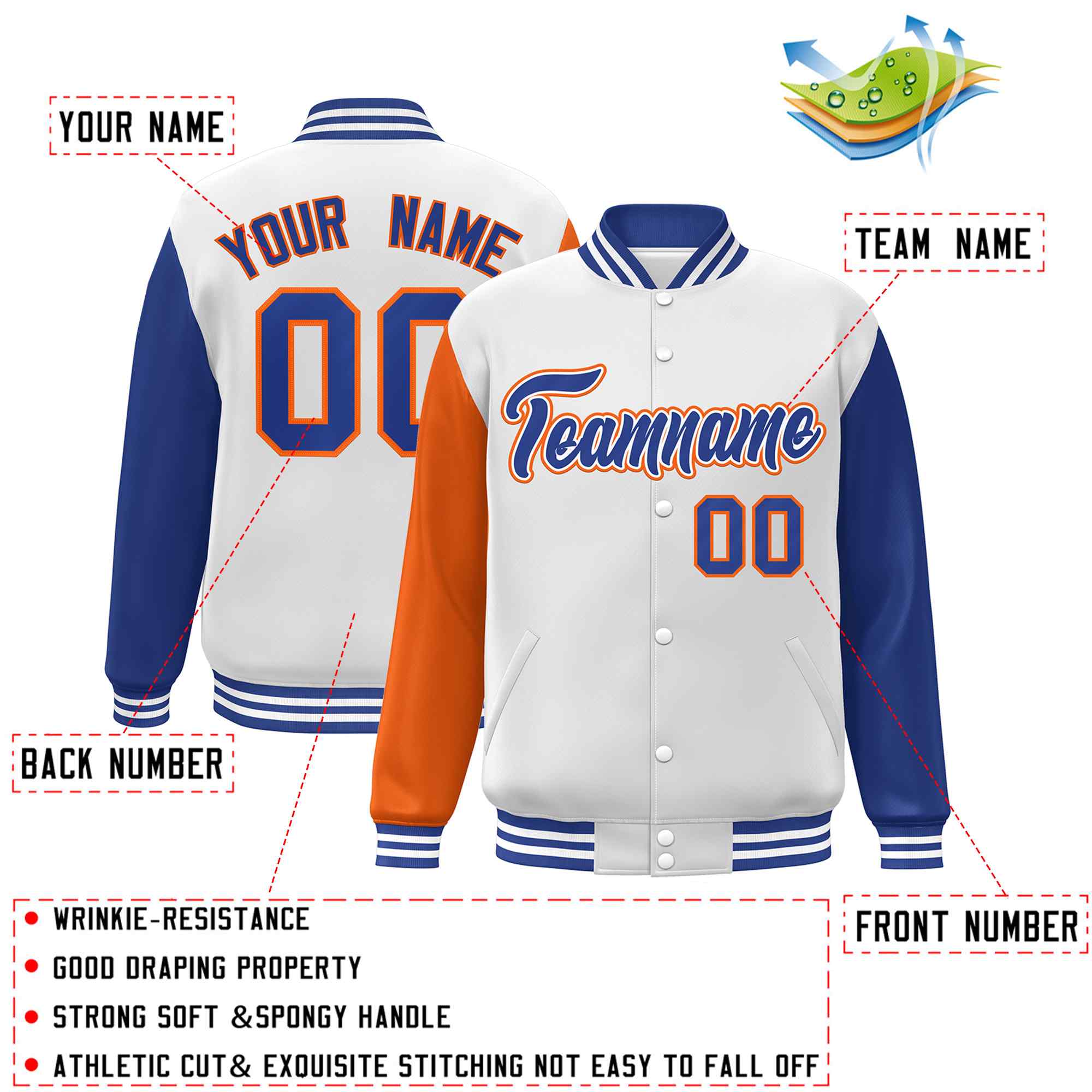 Custom White Royal-Orange Raglan Sleeves Varsity Full-Snap Letterman Jacket