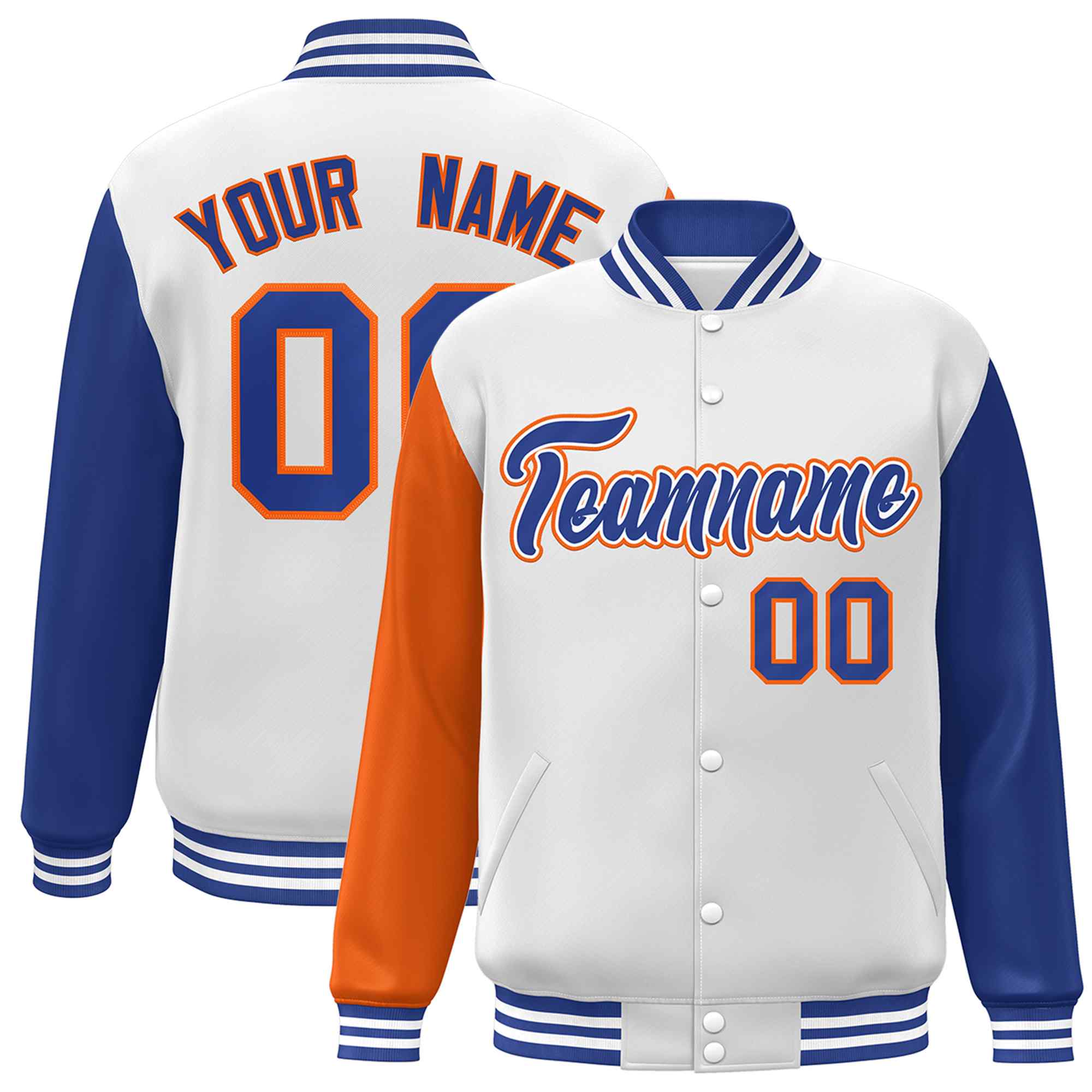 Custom White Royal-Orange Raglan Sleeves Varsity Full-Snap Letterman Jacket