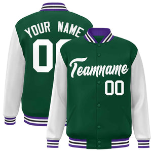 Veste Letterman Varsity Full-Snap à manches raglan blanches et vertes personnalisées