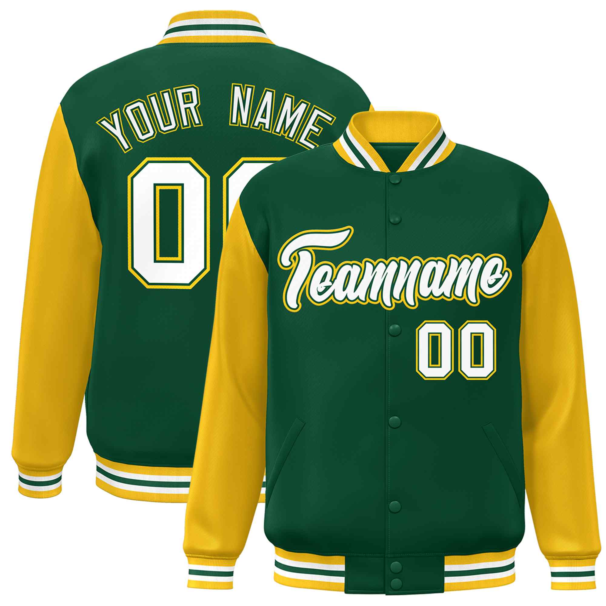 Custom Green White-Green Raglan Sleeves Varsity Full-Snap Letterman Jacket