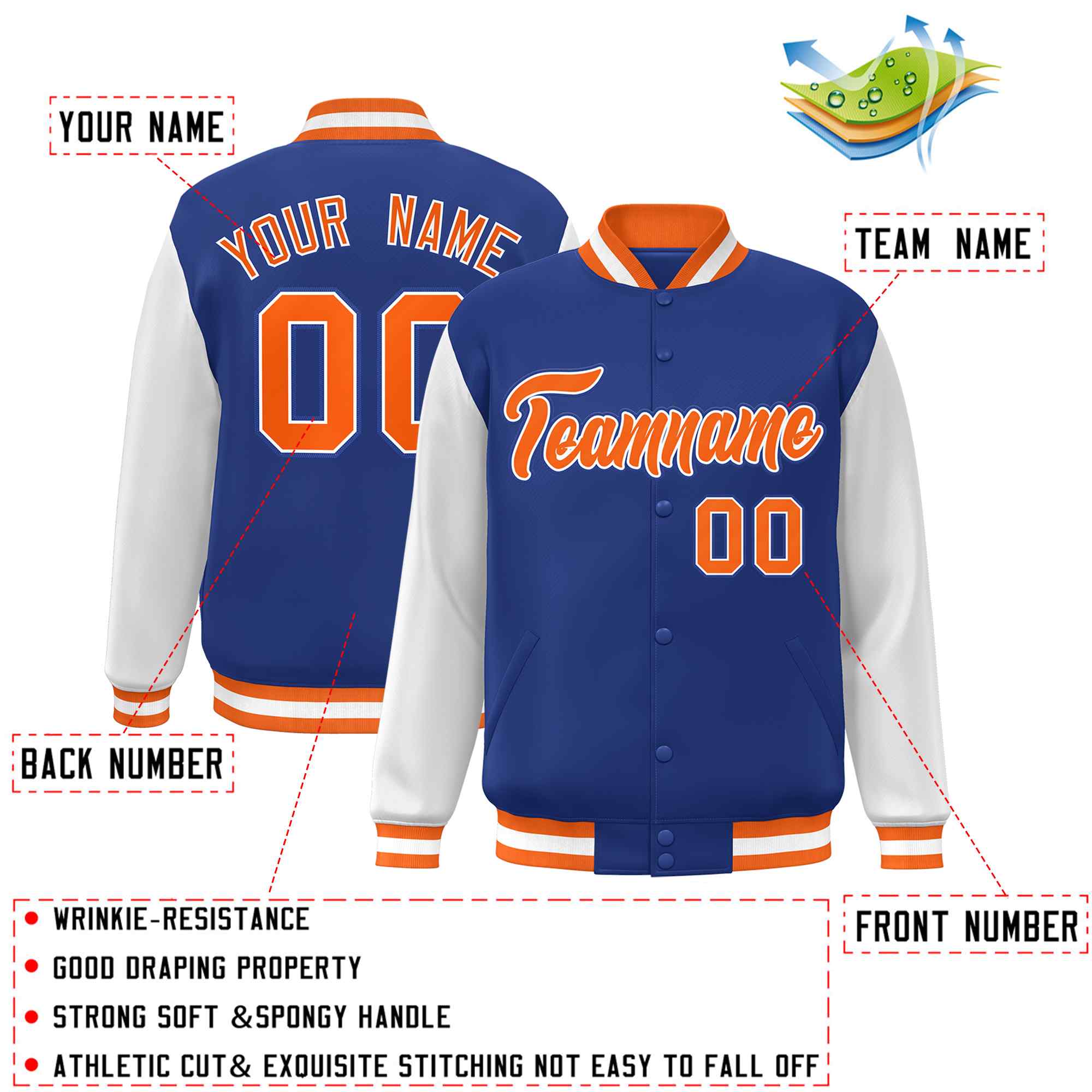 Veste Letterman Varsity Full-Snap Custom Royal Orange-Blanc à manches raglan