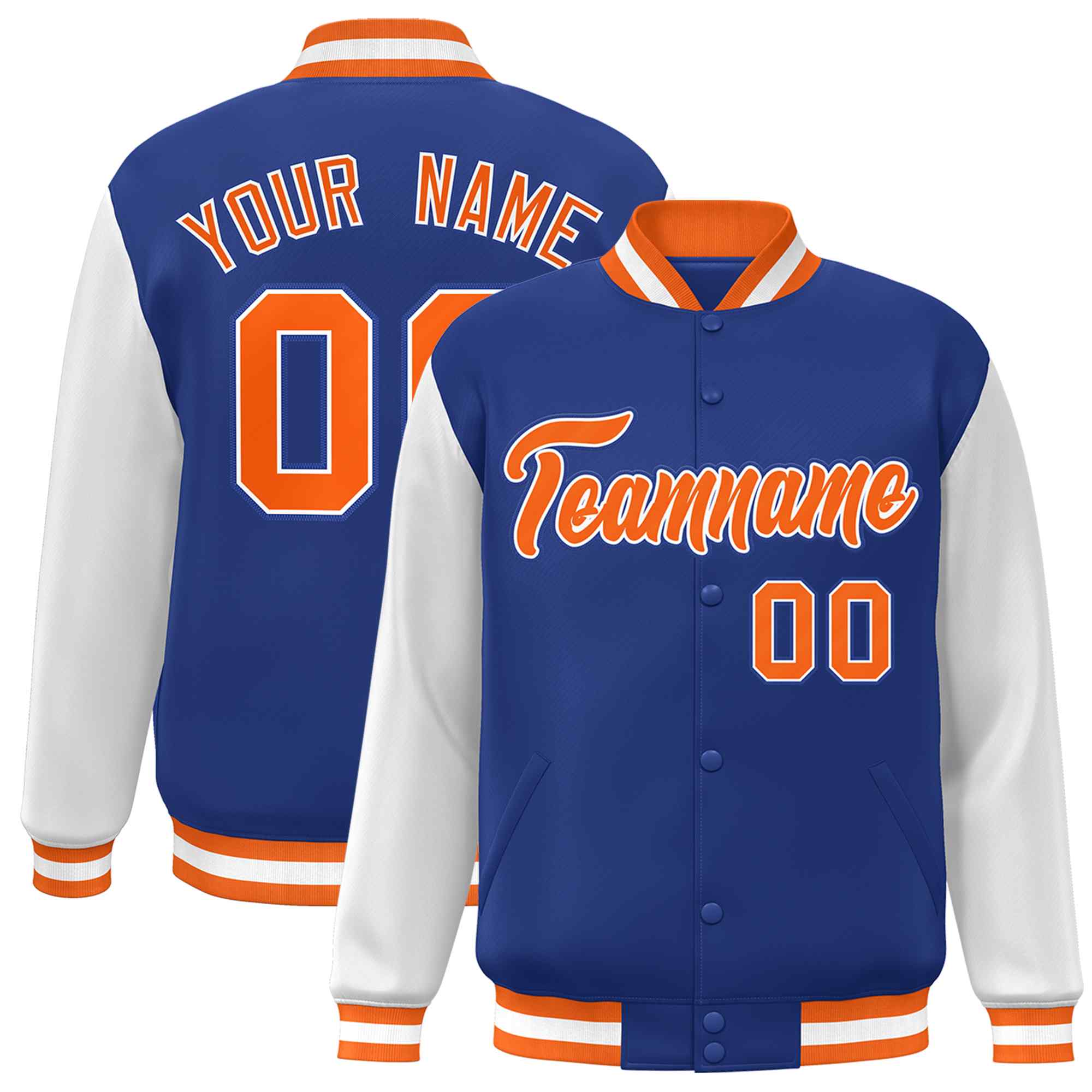 Veste Letterman Varsity Full-Snap Custom Royal Orange-Blanc à manches raglan