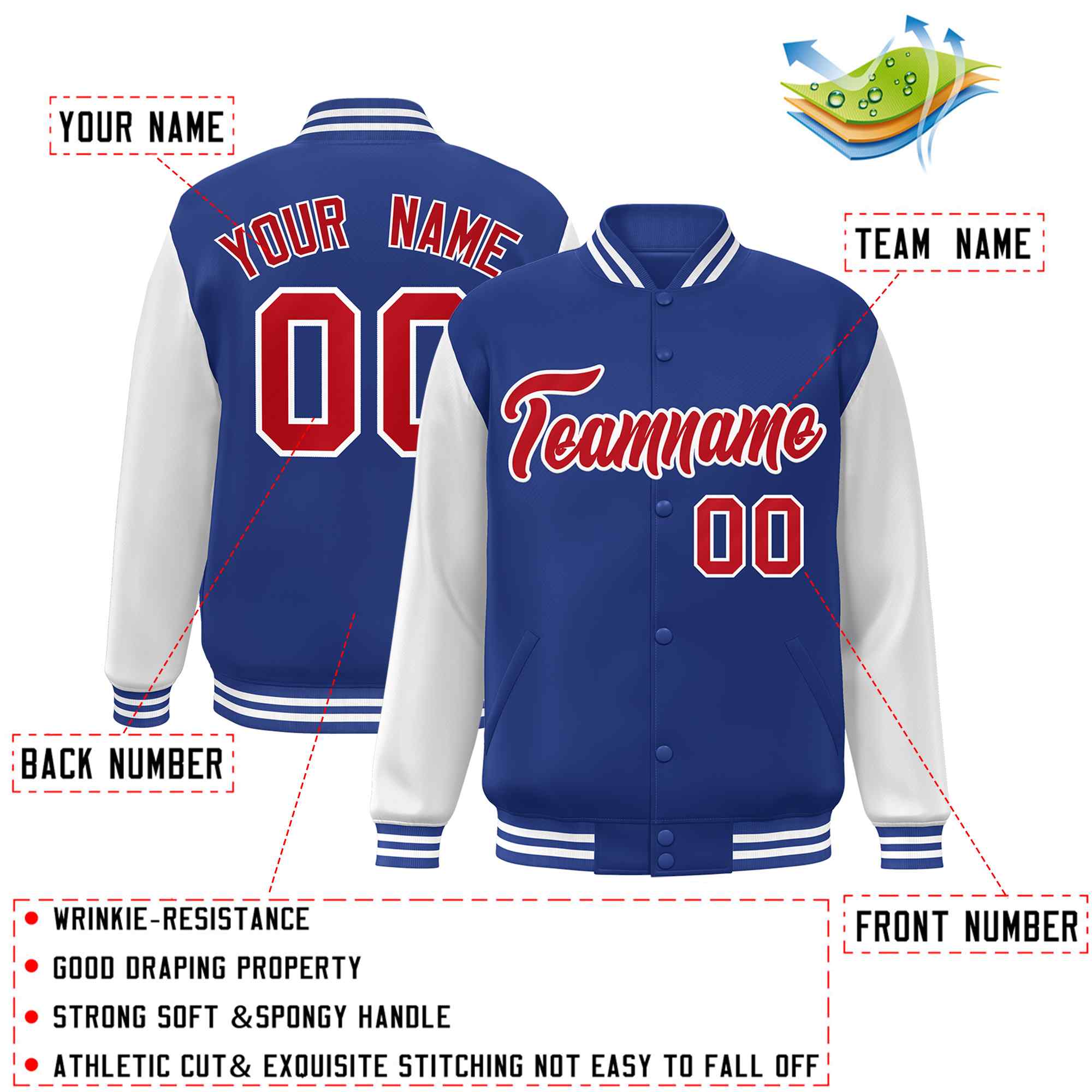 Custom Royal Red-White Raglan Sleeves Varsity Full-Snap Letterman Jacket