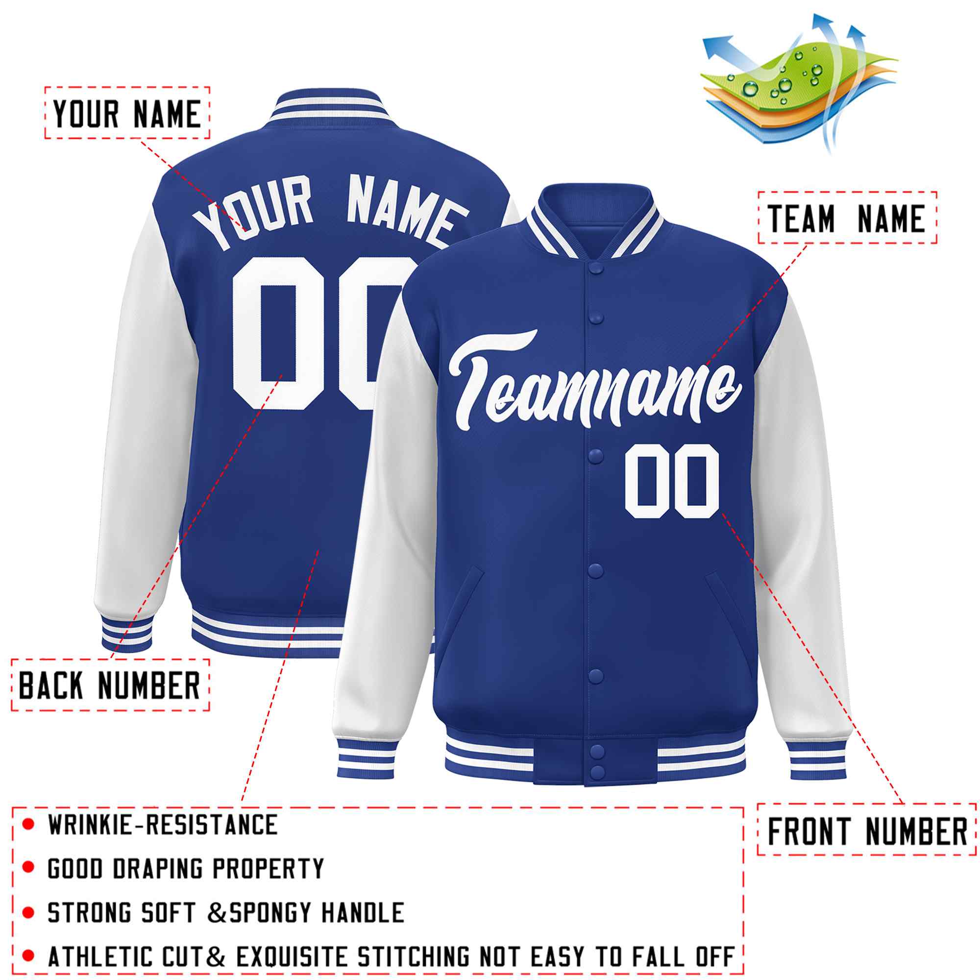 Veste Letterman Varsity Full-Snap à manches raglan blanches royales personnalisées